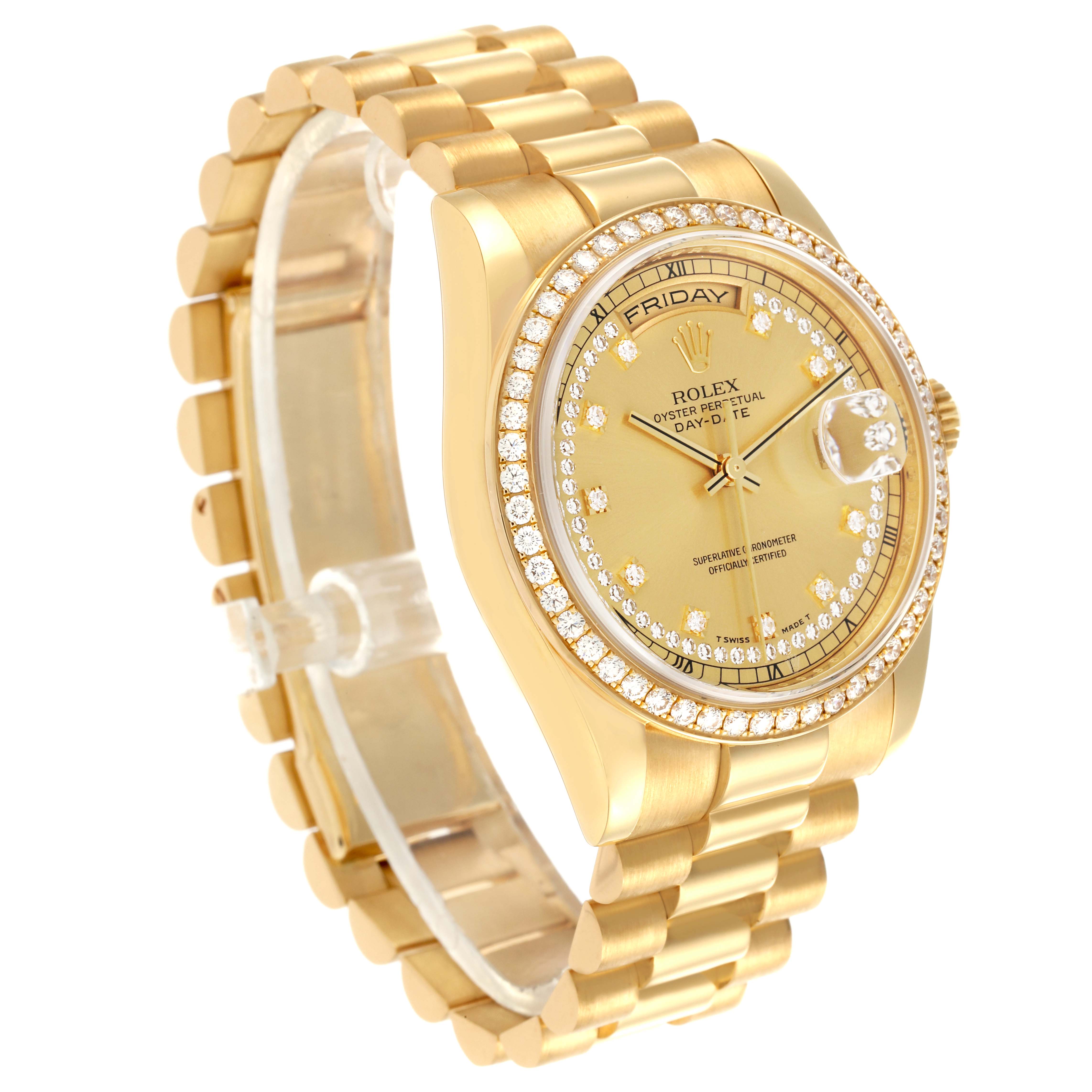 The Rolex President 118348 Men's Yellow Gold Champagne Dial 118348 Men's Yellow Gold Champagne Dial watch is shown at a three-quarter angle, displaying the face, bracelet, and bejeweled bezel.