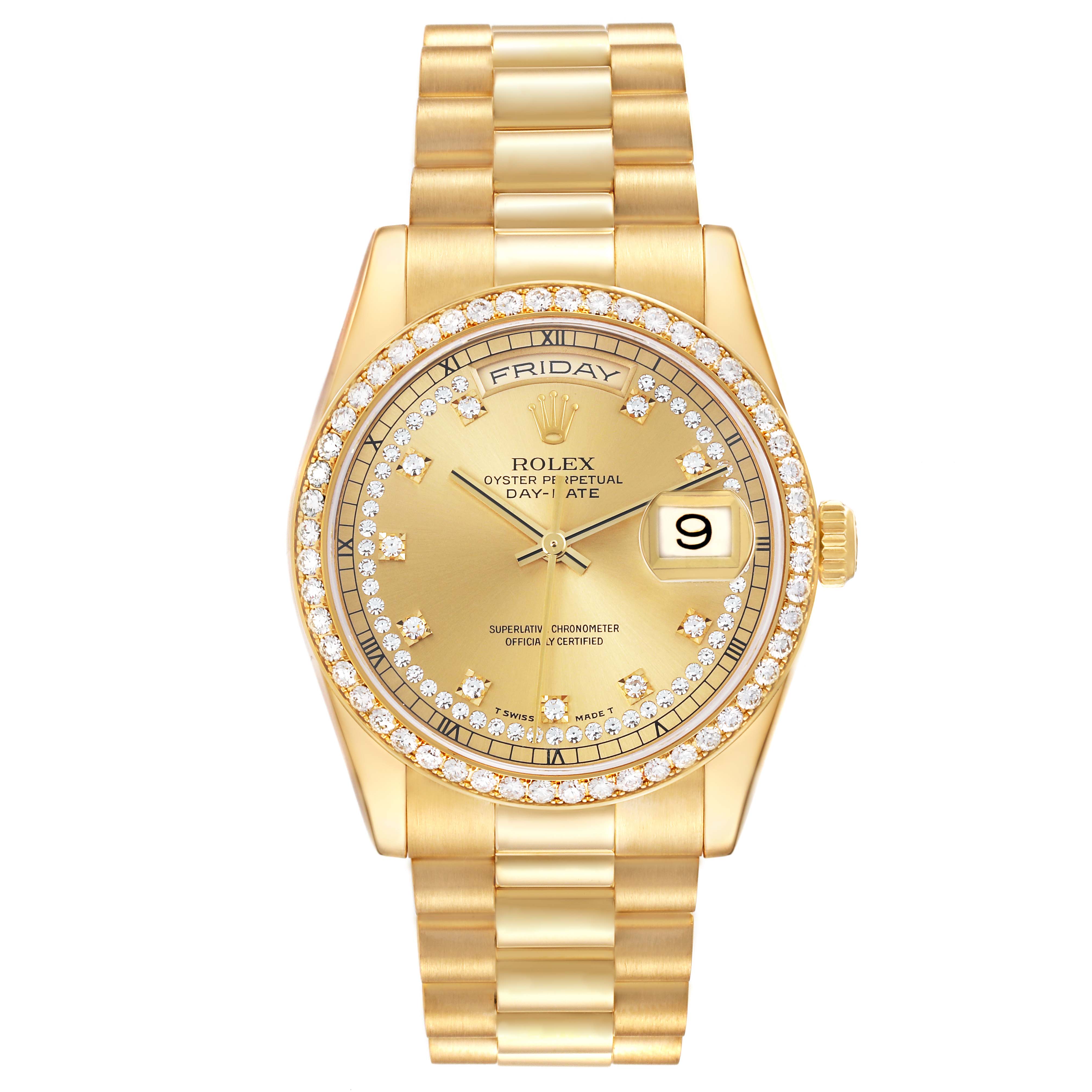 The Rolex President 118348 Men's Yellow Gold Champagne Dial 118348 Men's Yellow Gold Champagne Dial model watch is shown from a front angle, highlighting the face and bracelet.