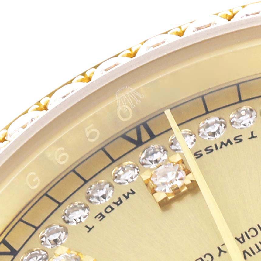 The image shows a close-up of the dial and bezel of a Rolex President 118348 Men's Yellow Gold Champagne Dial 118348 Men's Yellow Gold Champagne Dial model, featuring diamond hour markers.