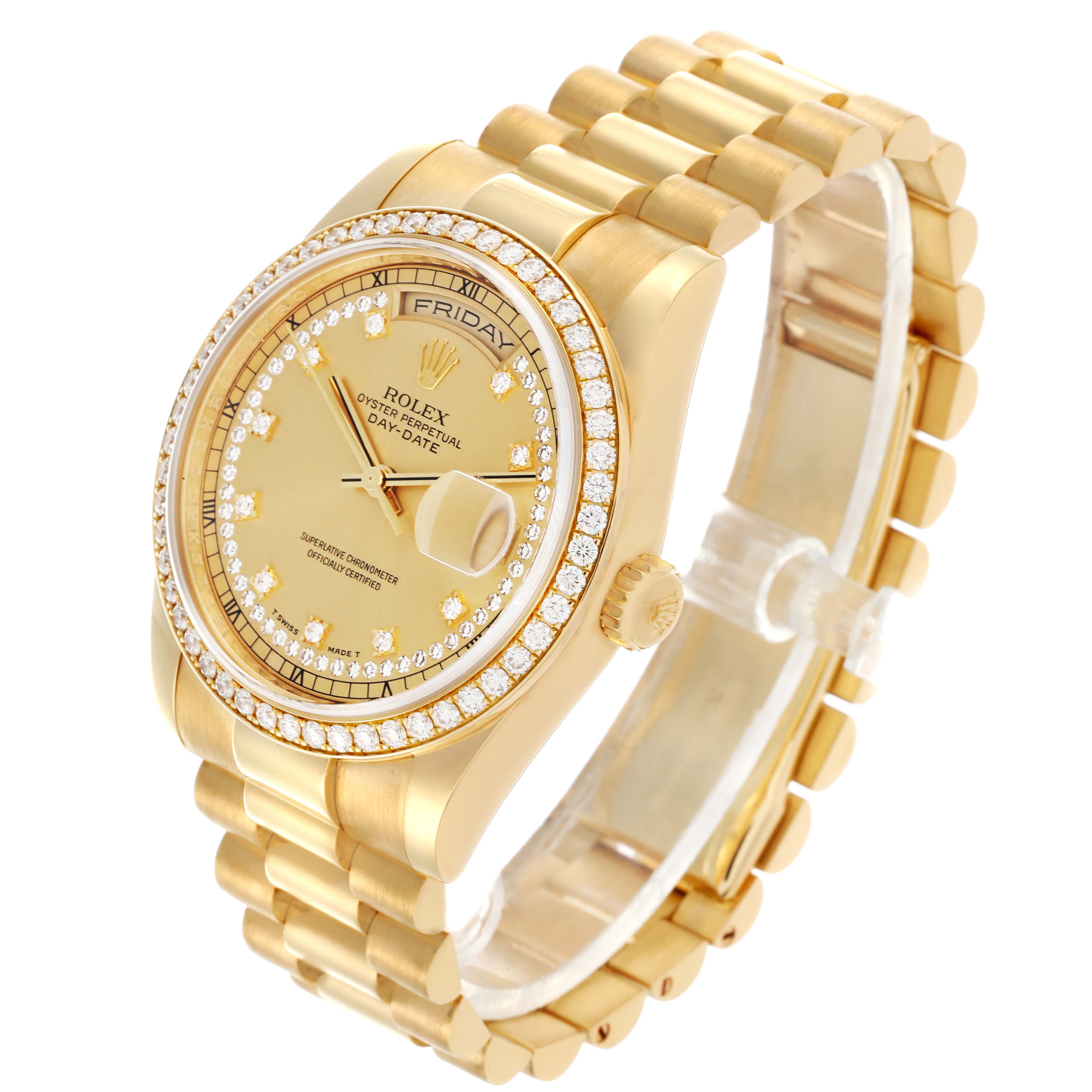 The Rolex President 118348 Men's Yellow Gold Champagne Dial 118348 Men's Yellow Gold Champagne Dial watch is shown from an upper side angle, highlighting the face, bracelet, and crown.