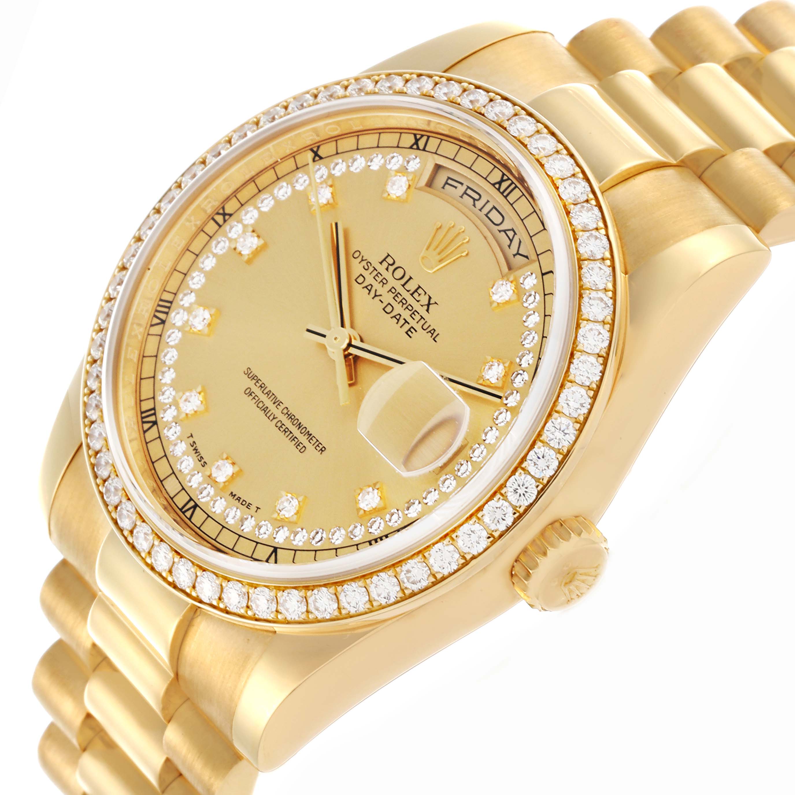 The Rolex President 118348 Men's Yellow Gold Champagne Dial 118348 Men's Yellow Gold Champagne Dial watch is shown at an angled view highlighting the face, diamond bezel, crown, and part of the bracelet.