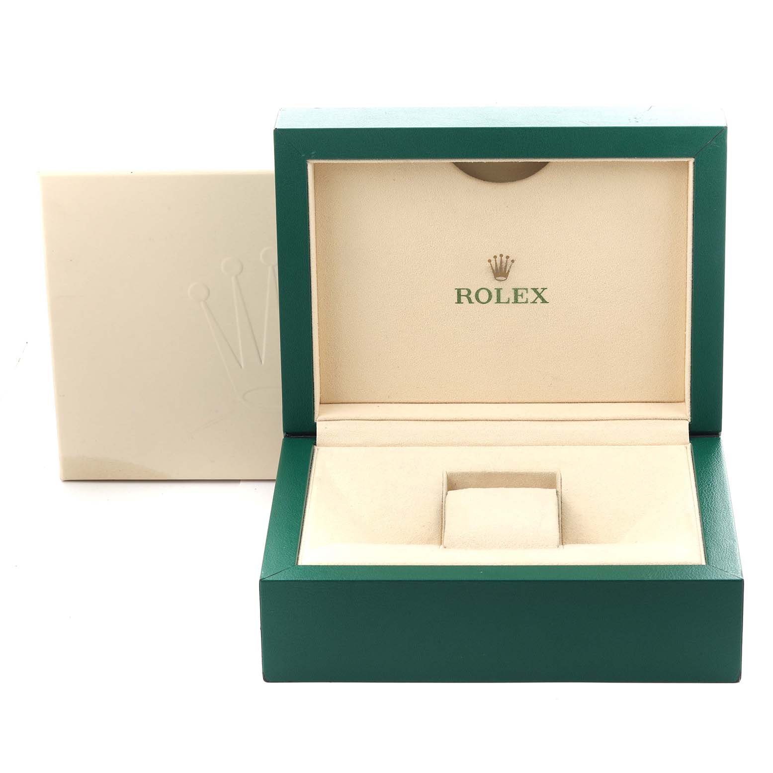 The image shows the open packaging box for a Rolex President 118348 Men's Yellow Gold Champagne Dial 118348 Men's Yellow Gold Champagne Dial model, featuring its interior and exterior design.