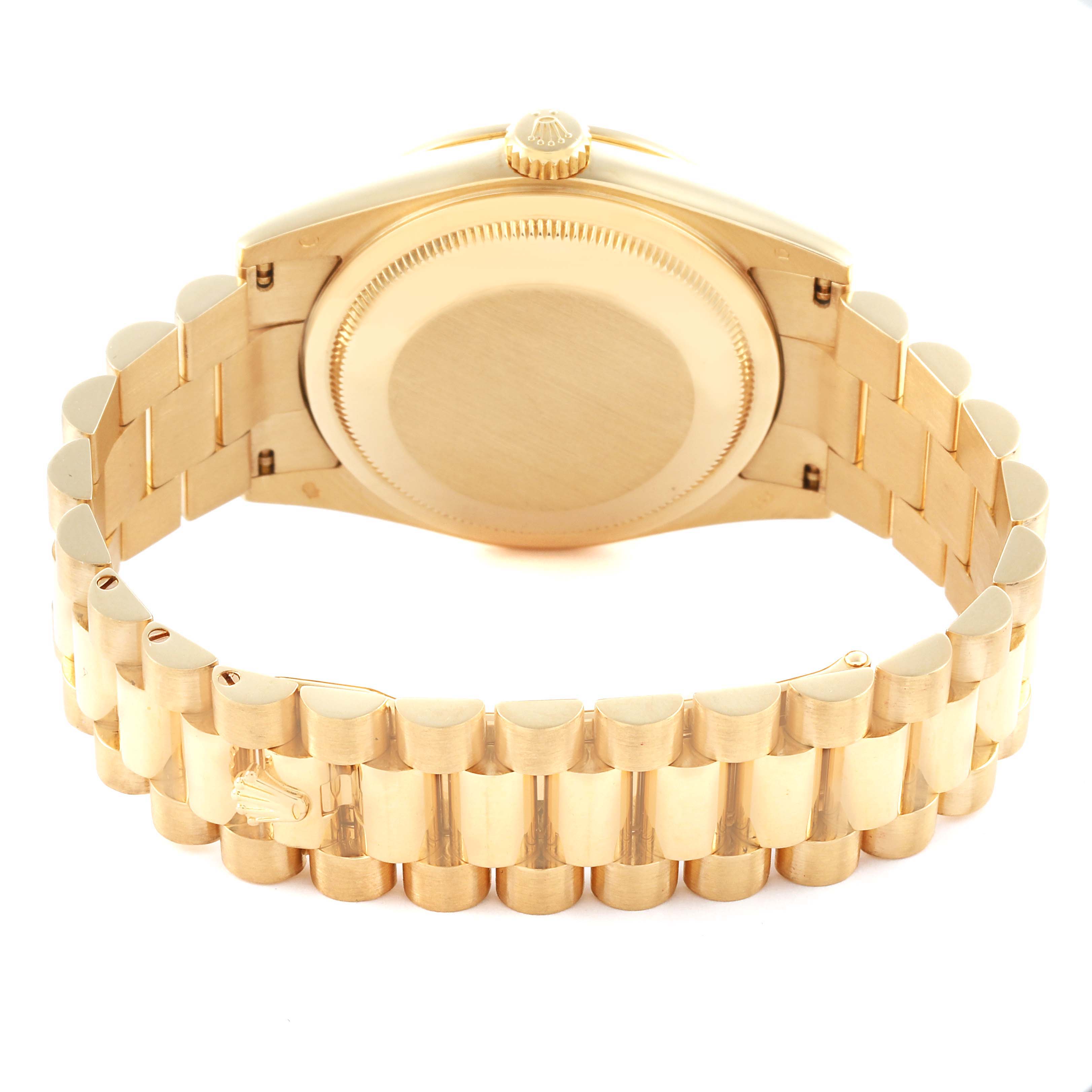 The Rolex President 118348 Men's Yellow Gold Champagne Dial 118348 Men's Yellow Gold Champagne Dial model is shown from the back, displaying the clasp and bracelet links.