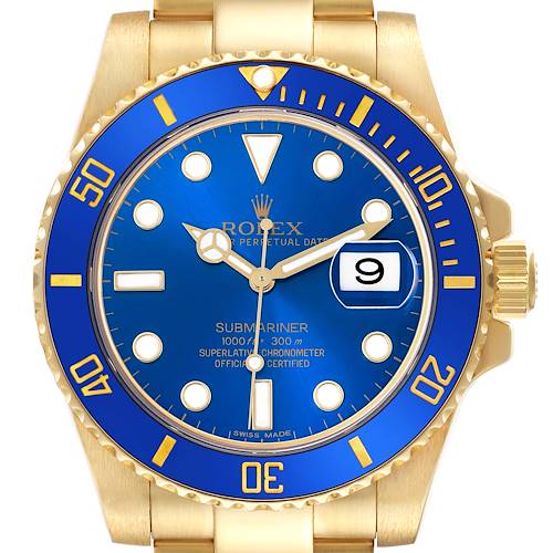 The Rolex Submariner 116618LB Men's Yellow Gold Blue Dial 116618LB Men's Yellow Gold Blue Dial watch is shown from the front, highlighting its blue dial, bezel, and date feature.