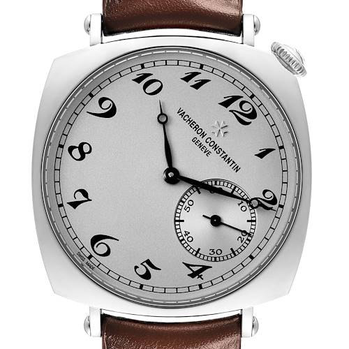 The Vacheron Constantin Historiques 1100S/000G-B734 Men's White Gold Silver Dial 1100S/000G-B734 Men's White Gold Silver Dial watch is shown from a top-down angle, highlighting the dial, hands, and brown leather strap.