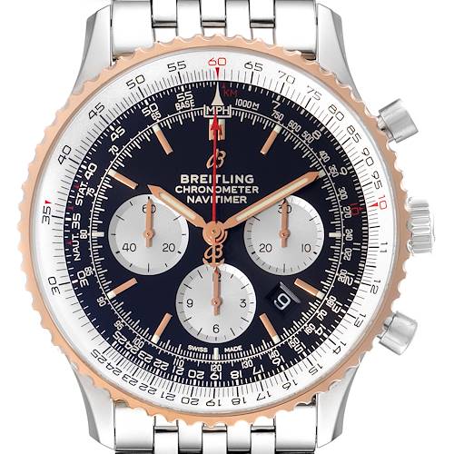 The Breitling Navitimer UB0127 Men's Steel and Gold (two tone) Black Dial UB0127 Men's Steel and Gold (two tone) Black Dial watch is shown from a front angle, highlighting the dial, bezel, and stainless steel bracelet.