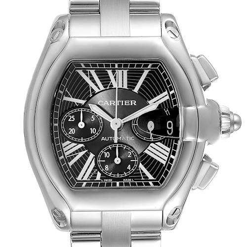 The image shows a front view of a Cartier Roadster W62020X6 Men's Stainless Steel Black Dial W62020X6 Men's Stainless Steel Black Dial model watch, highlighting its face, dials, and part of the band.