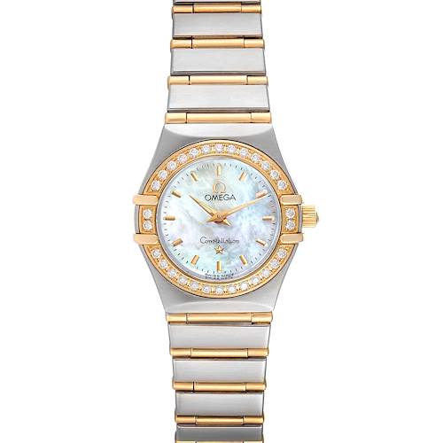 The image shows a frontal view of the Omega 1267.70.00 Women's Steel and Gold (two tone) Mother of Pearl Dial 1267.70.00 Women's Steel and Gold (two tone) Mother of Pearl Dial Constellation Steel Yellow Gold MOP Diamond Ladies Watch, model 1267.70.00.