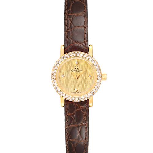 The image shows a front view of the Omega 1450 Women's Yellow Gold Champagne Dial 1450 Women's Yellow Gold Champagne Dial DeVille Mini Yellow Gold Diamond Cocktail Ladies Watch 1450, highlighting the dial and strap.