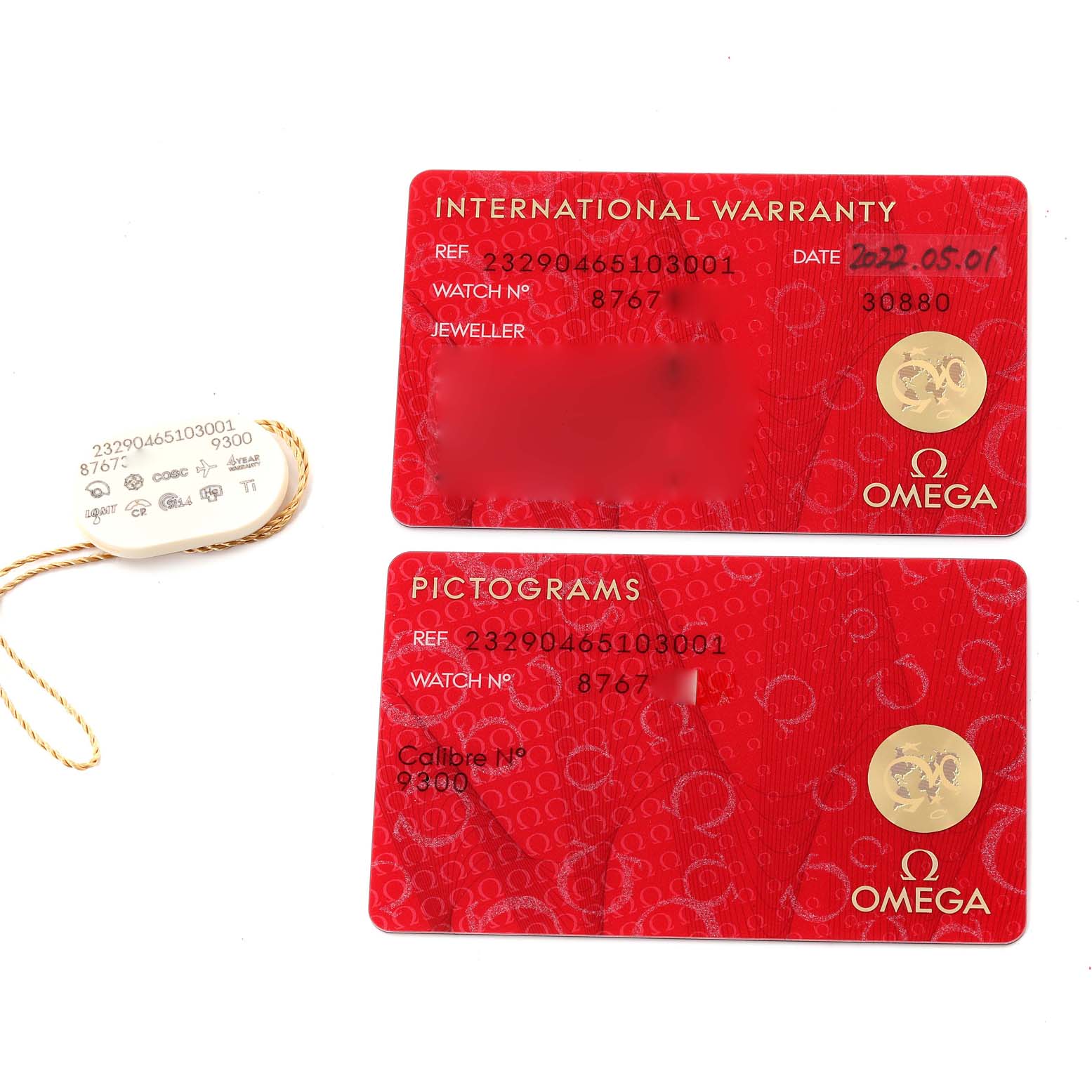 The image shows Omega Planet Ocean 232.90.46.51.03.001 Men's Titanium Blue Dial 232.90.46.51.03.001 Men's Titanium Blue Dial watch accessories, including warranty and pictogram cards, and a tag.