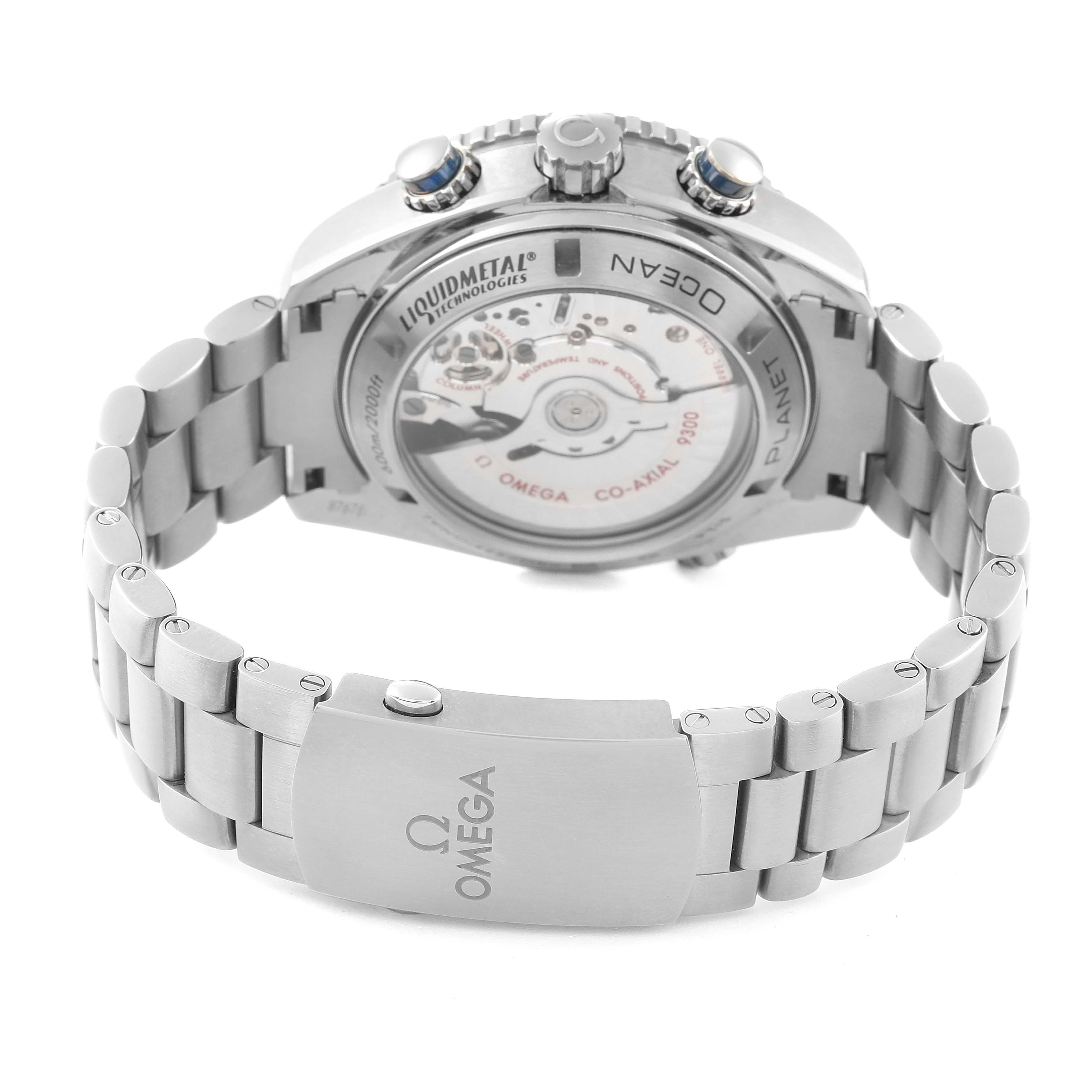 This image shows the back view of the Omega Planet Ocean 232.90.46.51.03.001 Men's Titanium Blue Dial 232.90.46.51.03.001 Men's Titanium Blue Dial watch, displaying the watch's back case and metal bracelet.