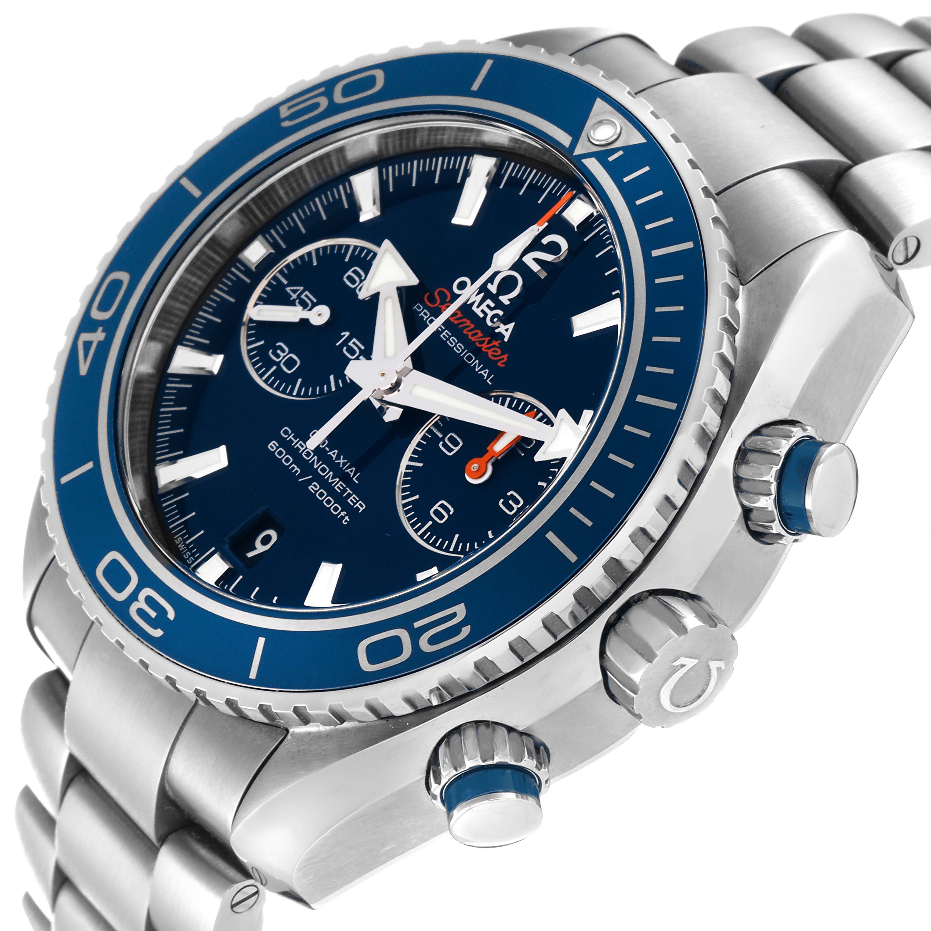The image shows an Omega Planet Ocean 232.90.46.51.03.001 Men's Titanium Blue Dial 232.90.46.51.03.001 Men's Titanium Blue Dial watch at a slight angle, highlighting the bezel, crown, chronograph dials, and bracelet.