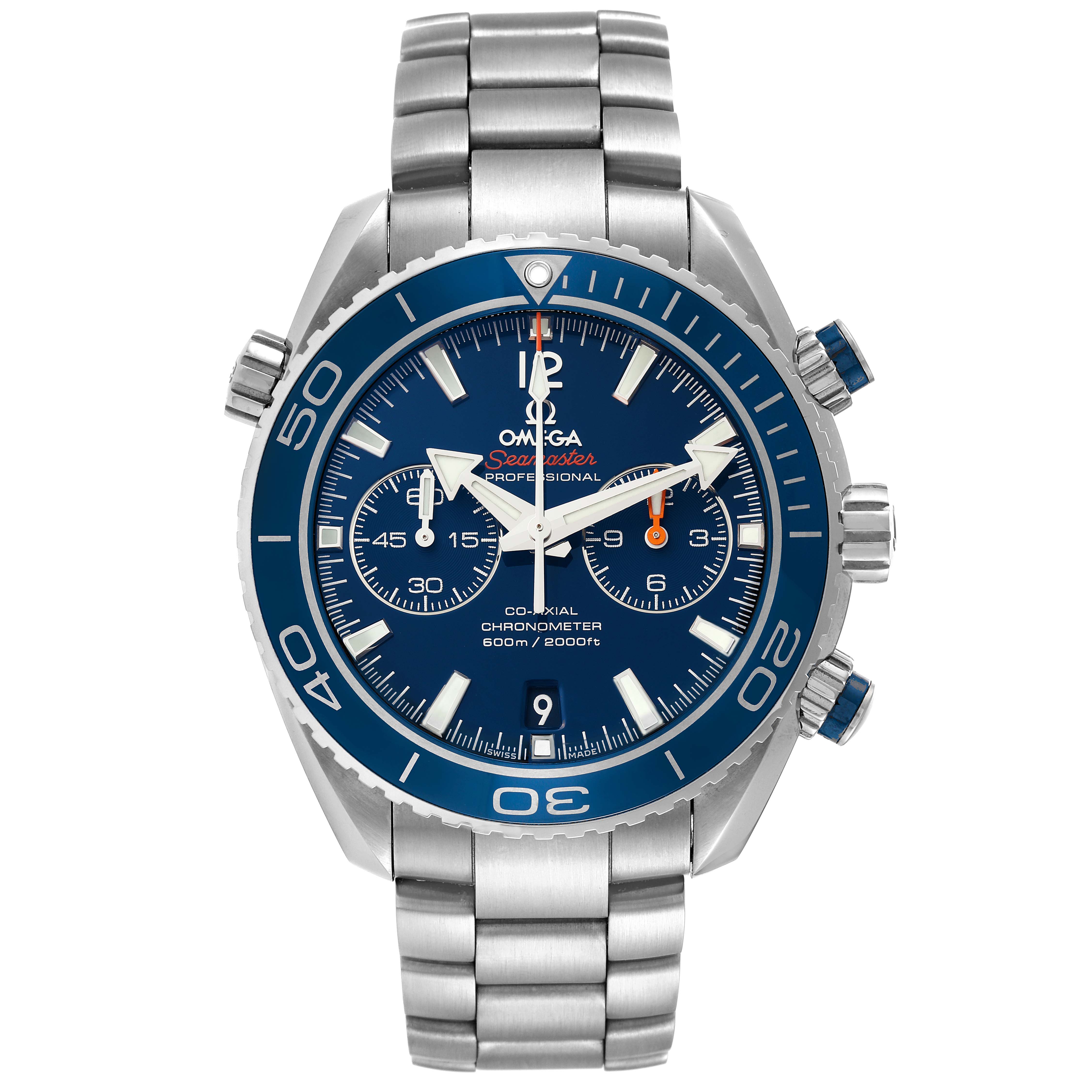 The image shows a front view of an Omega Planet Ocean 232.90.46.51.03.001 Men's Titanium Blue Dial 232.90.46.51.03.001 Men's Titanium Blue Dial watch, highlighting its dial, bezel, and stainless steel bracelet.