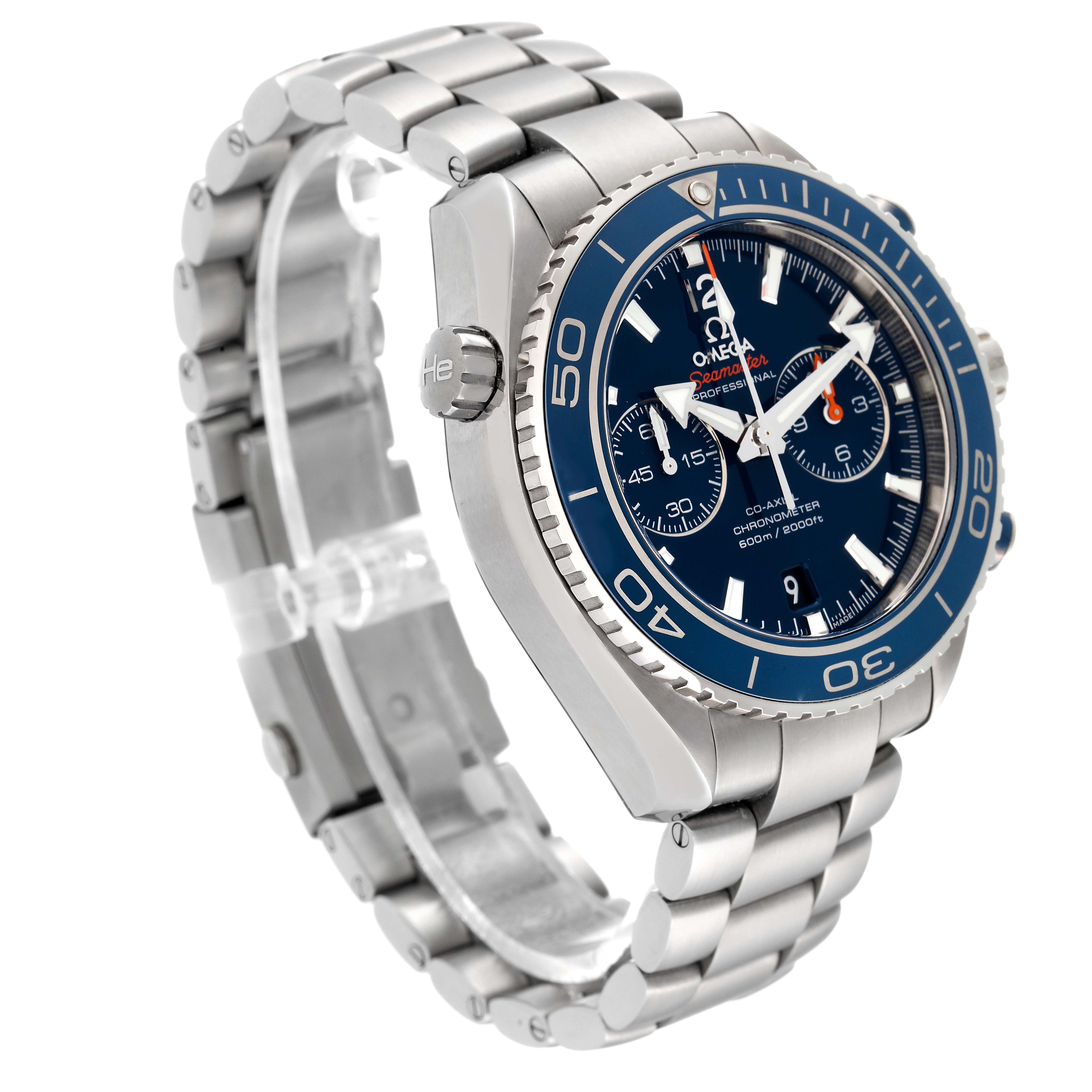 This image shows a 3/4 angle of the Omega Planet Ocean 232.90.46.51.03.001 Men's Titanium Blue Dial 232.90.46.51.03.001 Men's Titanium Blue Dial watch, highlighting the dial, bezel, case, and bracelet.
