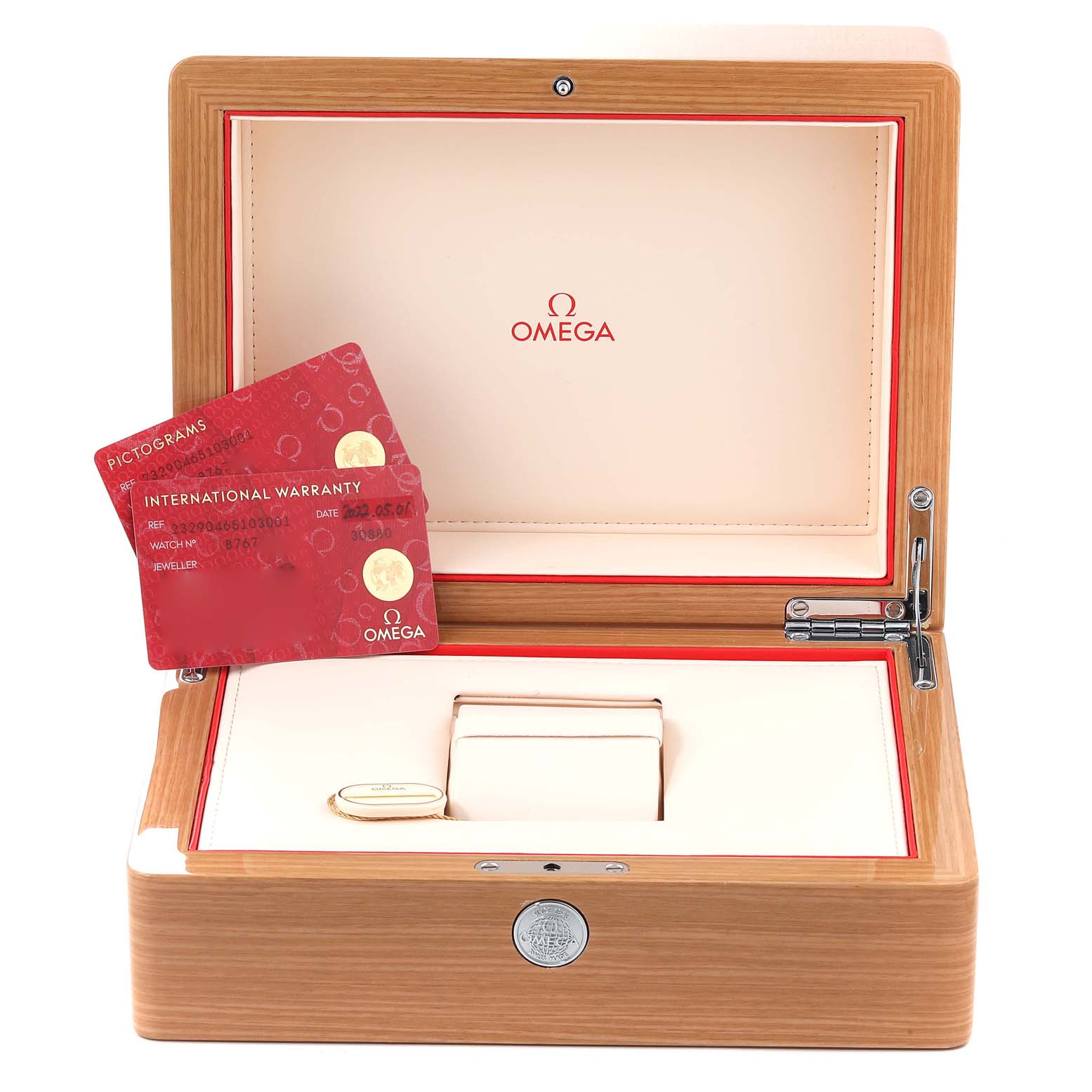 The image shows the packaging exterior, warranty cards, and a storage compartment for the Omega Planet Ocean 232.90.46.51.03.001 Men's Titanium Blue Dial 232.90.46.51.03.001 Men's Titanium Blue Dial model watch.