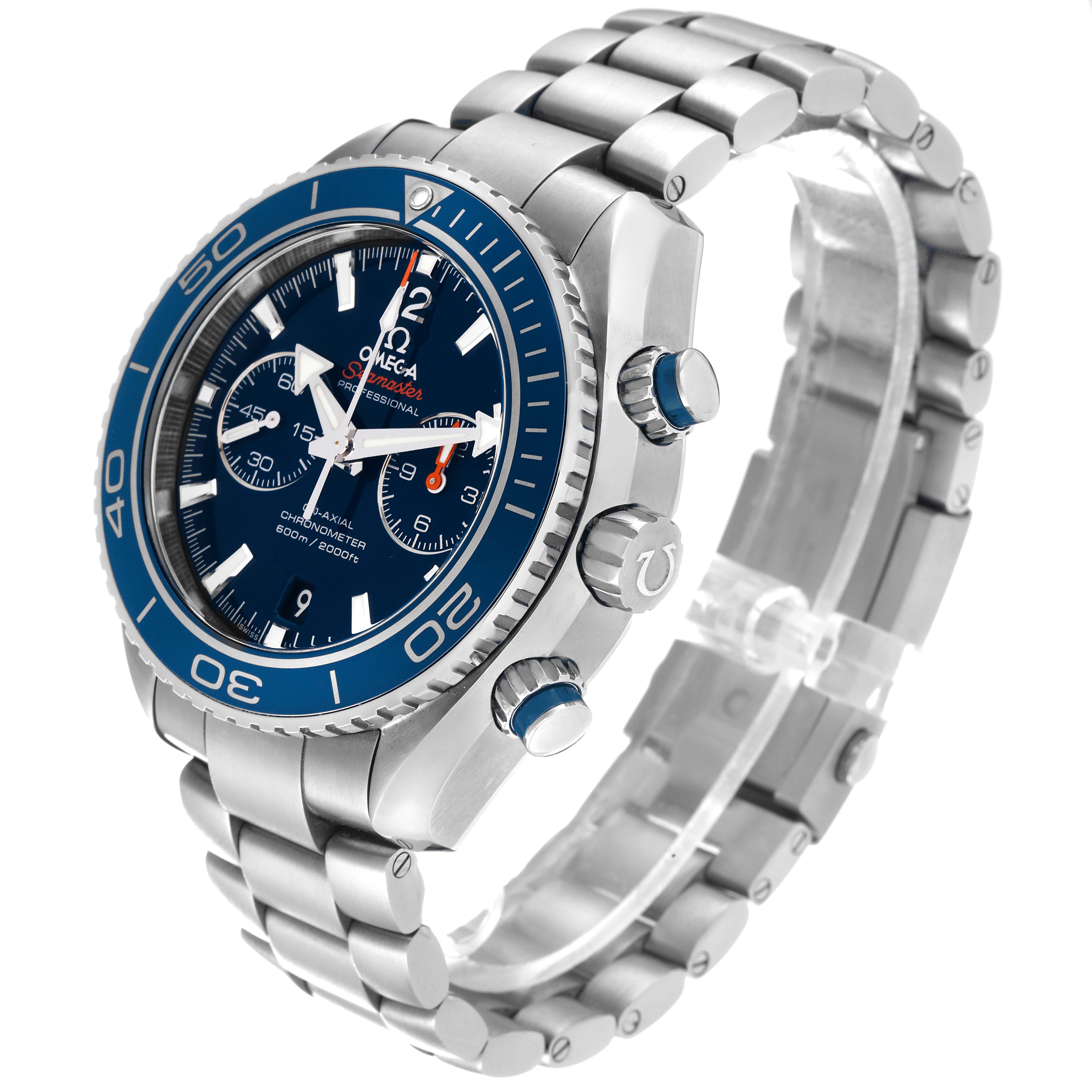 The image shows an angled view of the Omega Planet Ocean 232.90.46.51.03.001 Men's Titanium Blue Dial 232.90.46.51.03.001 Men's Titanium Blue Dial watch, highlighting the face, bezel, pushers, crown, and bracelet.