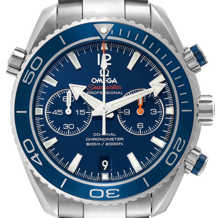 This image shows a front view of the Omega Planet Ocean 232.90.46.51.03.001 Men's Titanium Blue Dial 232.90.46.51.03.001 Men's Titanium Blue Dial watch, highlighting its dial, bezel, and chronograph subdials.