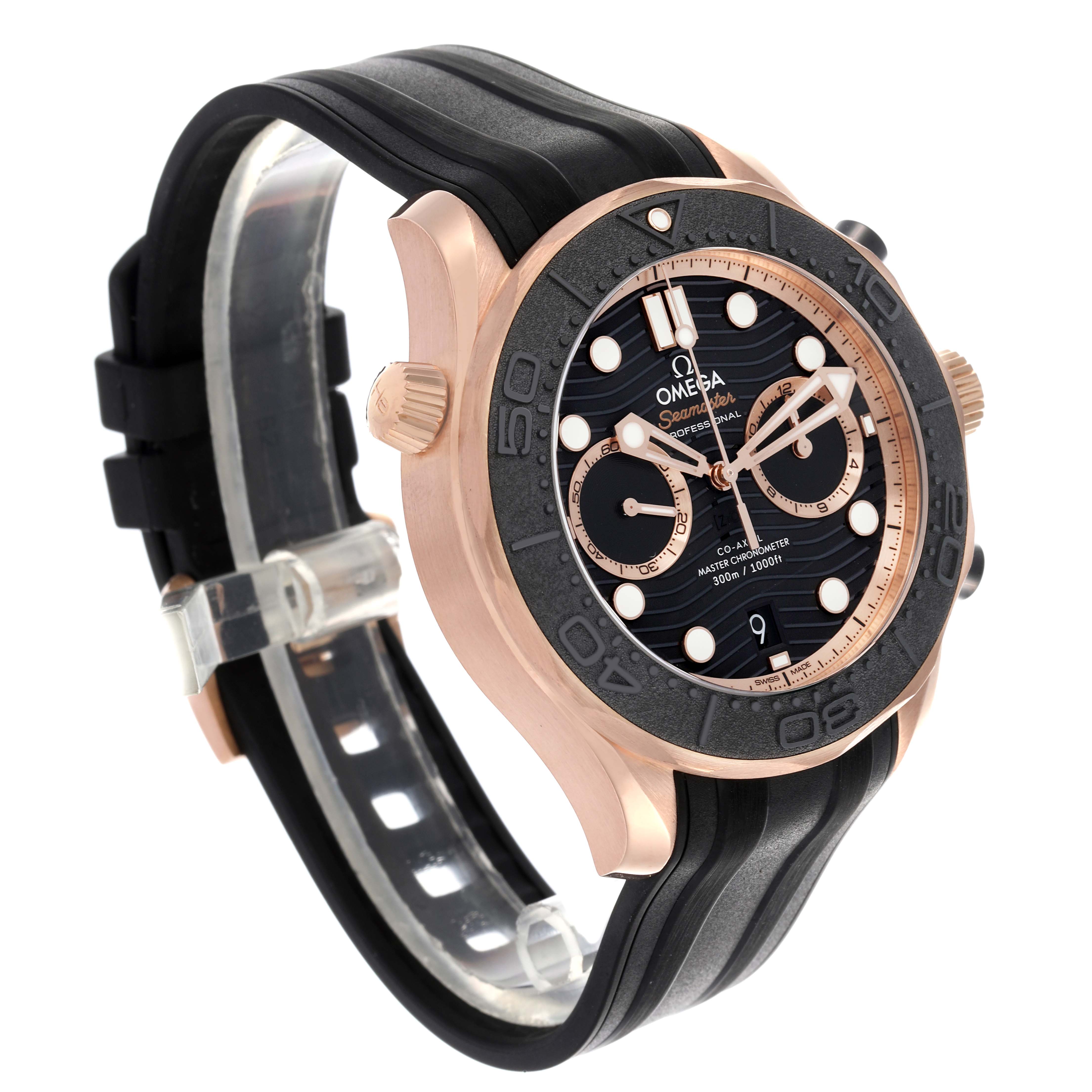 The Omega Seamaster 210.62.44.51.01.001 Men's Rose Gold Black Dial 210.62.44.51.01.001 Men's Rose Gold Black Dial is shown at a slight angle, highlighting the case, bezel, dial, pushers, and rubber strap.