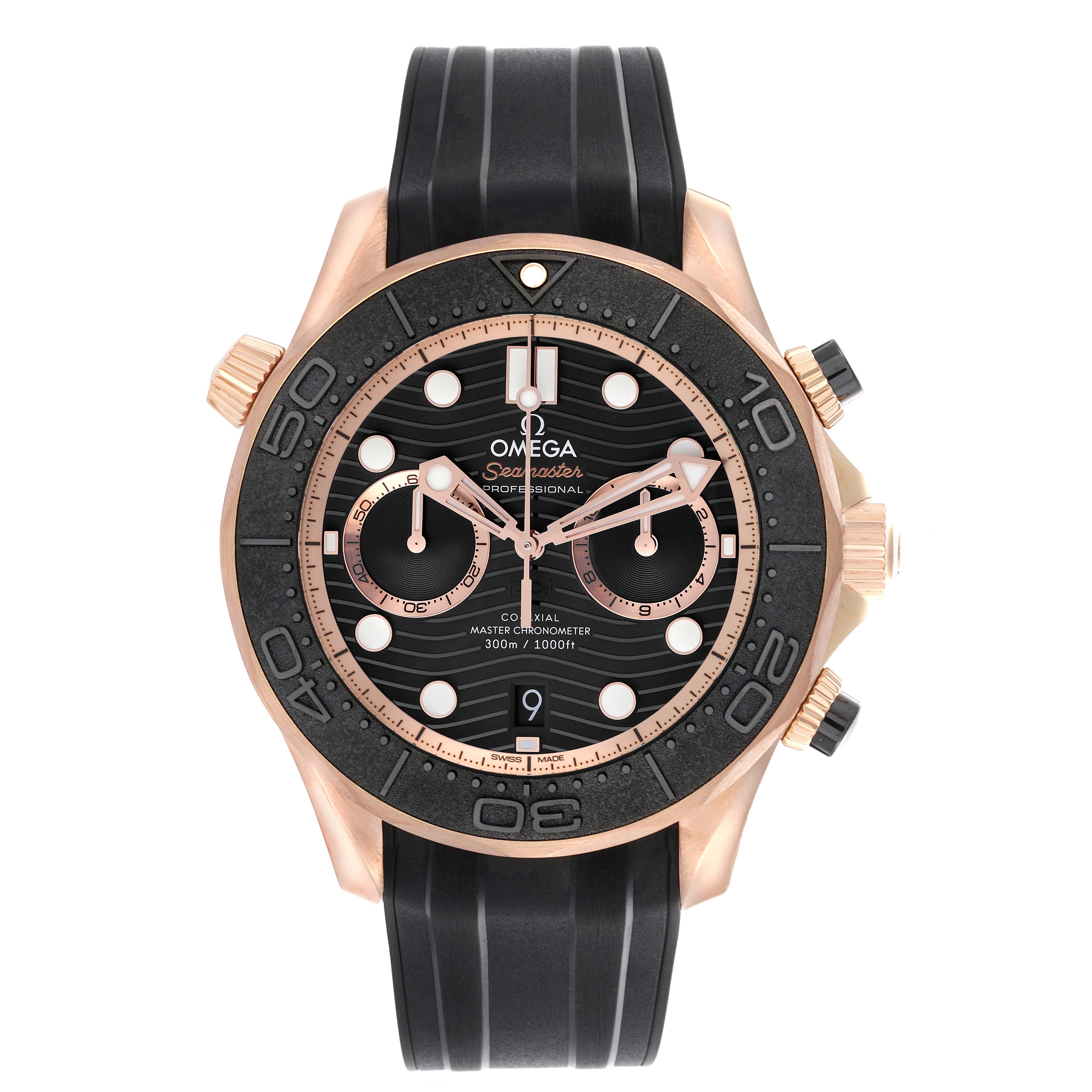 The Omega Seamaster 210.62.44.51.01.001 Men's Rose Gold Black Dial 210.62.44.51.01.001 Men's Rose Gold Black Dial watch is shown from the front, highlighting its face, bezel, and straps.