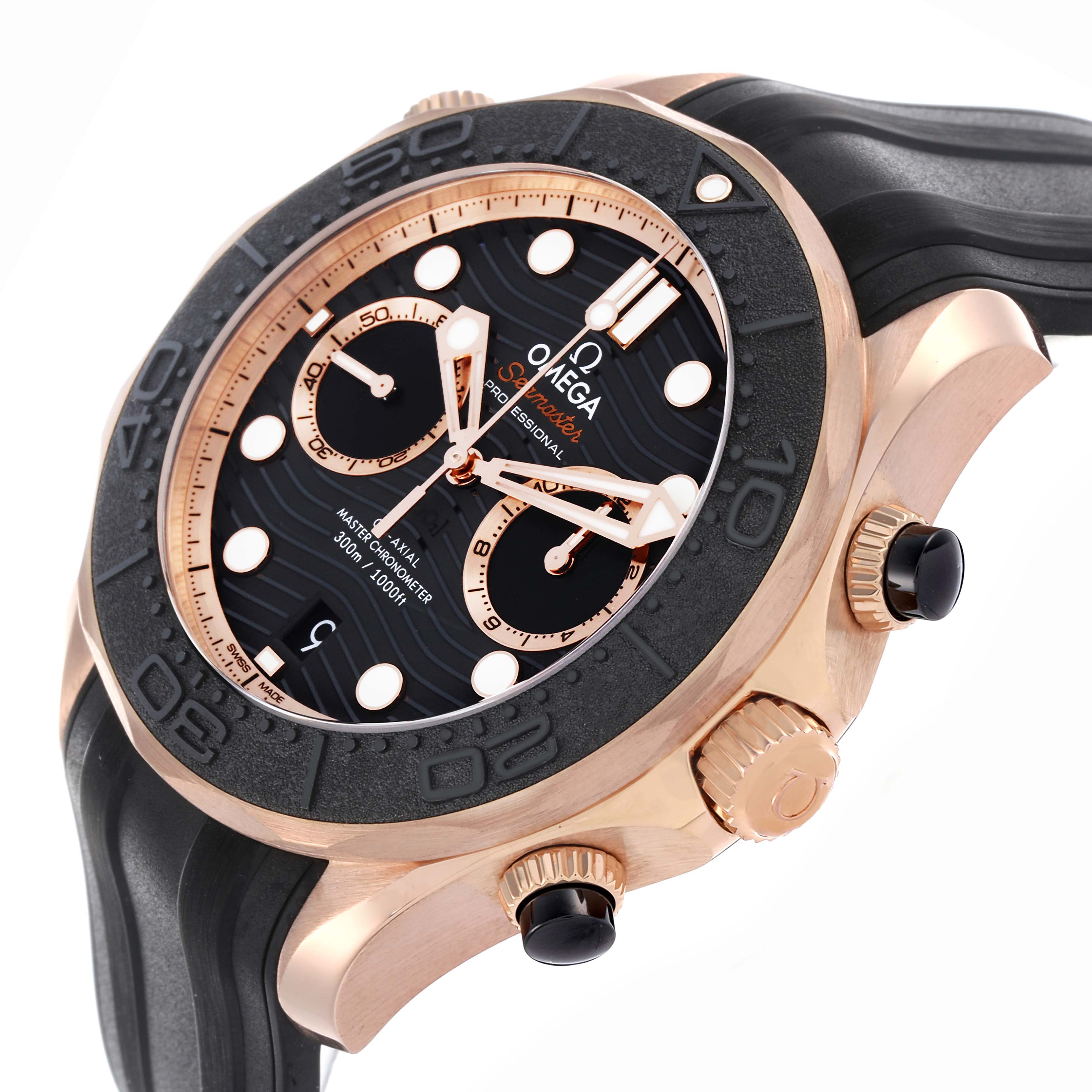 The Omega Seamaster 210.62.44.51.01.001 Men's Rose Gold Black Dial 210.62.44.51.01.001 Men's Rose Gold Black Dial watch is shown at an angled side view, highlighting the bezel, dial, and crown.
