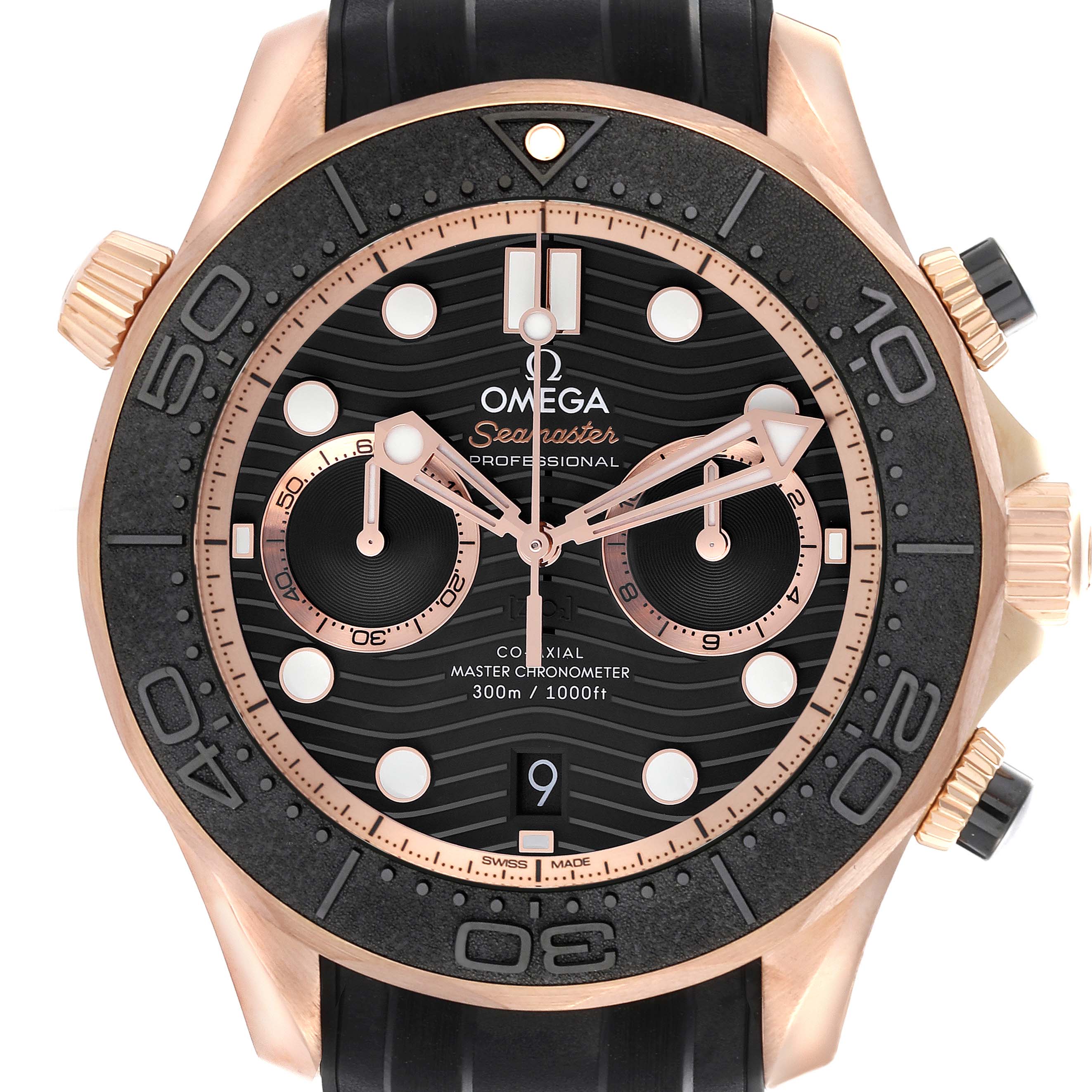 The Omega Seamaster 210.62.44.51.01.001 Men's Rose Gold Black Dial 210.62.44.51.01.001 Men's Rose Gold Black Dial watch is shown from a front angle, highlighting the dial, bezel, and strap attachments.