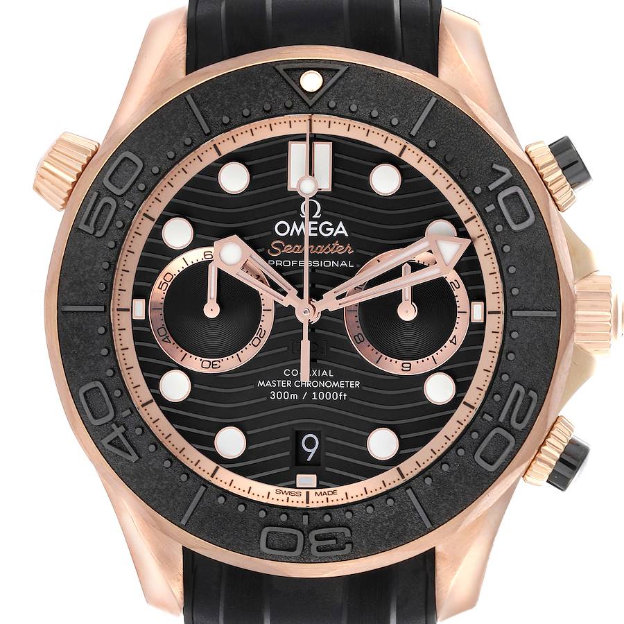 The Omega Seamaster 210.62.44.51.01.001 Men's Rose Gold Black Dial 210.62.44.51.01.001 Men's Rose Gold Black Dial watch is shown from a front angle, highlighting the dial, bezel, and strap attachments.