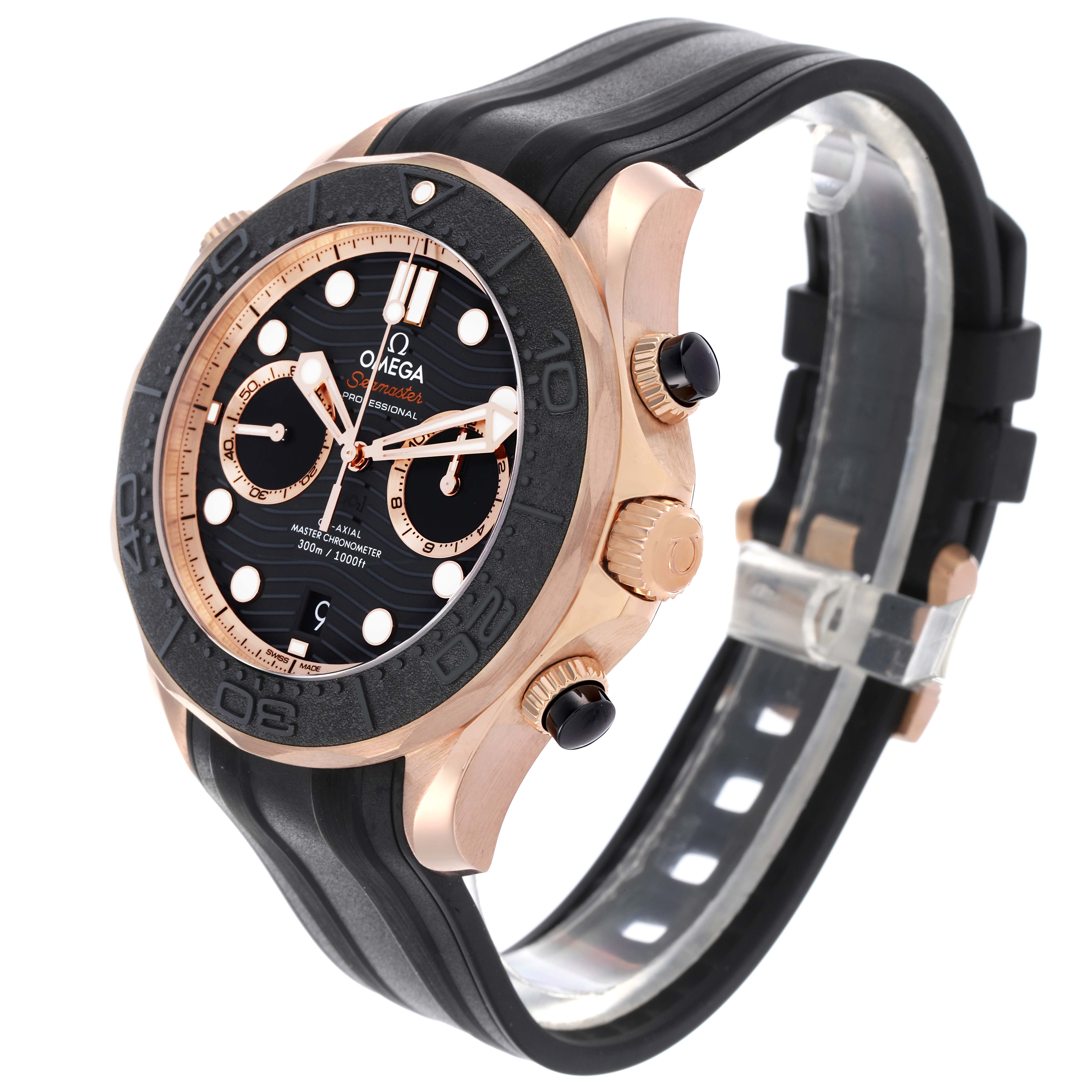 The Omega Seamaster 210.62.44.51.01.001 Men's Rose Gold Black Dial 210.62.44.51.01.001 Men's Rose Gold Black Dial watch is shown in a three-quarter angle, highlighting the face, bezel, crown, and strap.