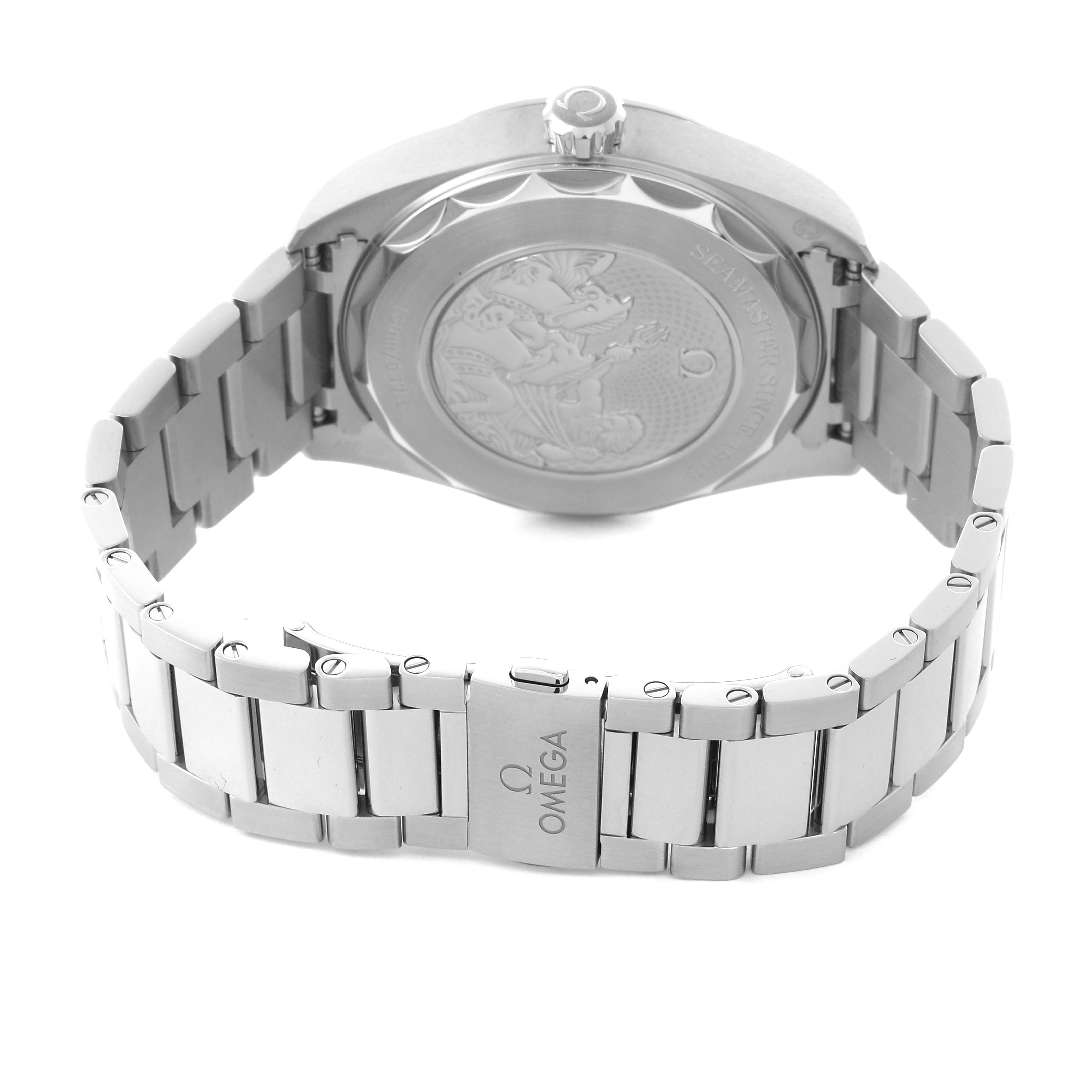 The image shows the back of the Omega Seamaster 220.10.43.22.03.002 Men's Stainless Steel Blue Dial 220.10.43.22.03.002 Men's Stainless Steel Blue Dial watch, highlighting the case back and bracelet with the Omega logo.