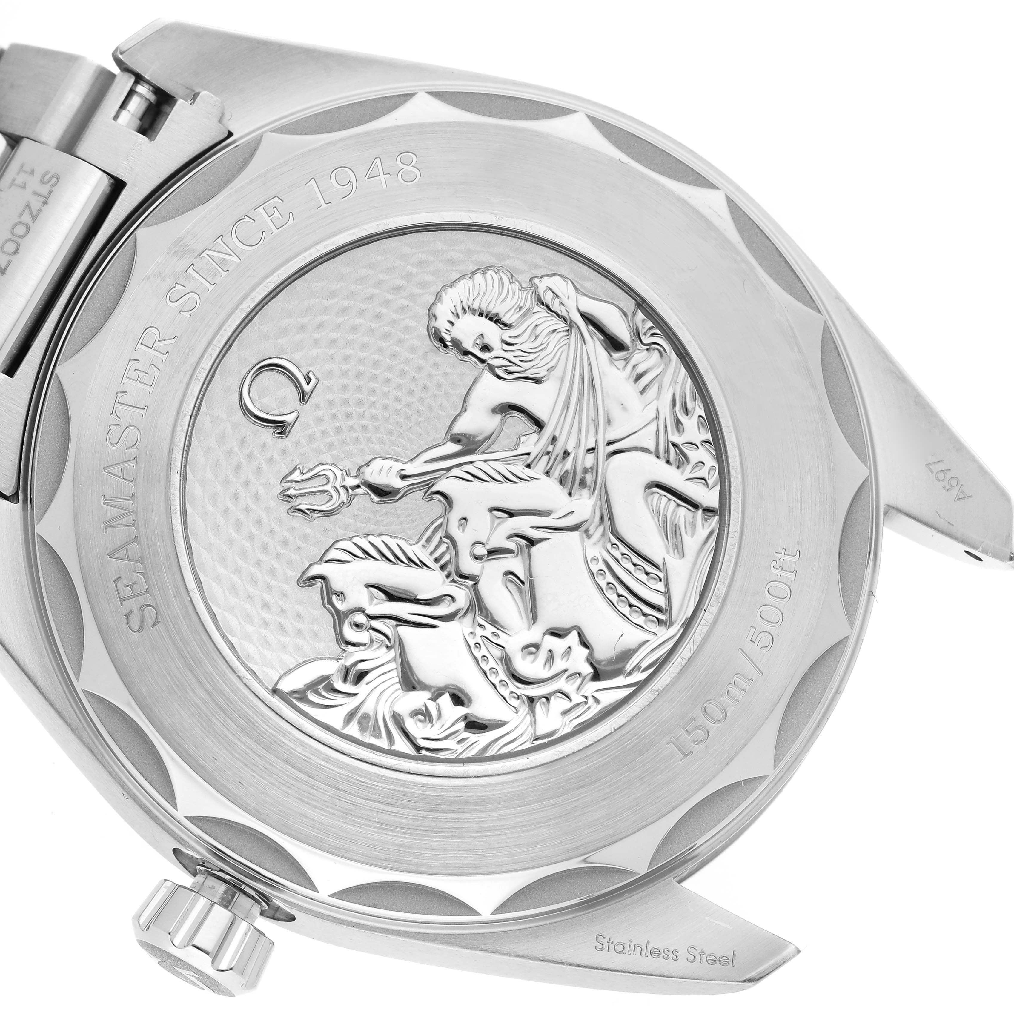 The image shows the back of the Omega Seamaster 220.10.43.22.03.002 Men's Stainless Steel Blue Dial 220.10.43.22.03.002 Men's Stainless Steel Blue Dial, highlighting the engraved design and text on the case back.