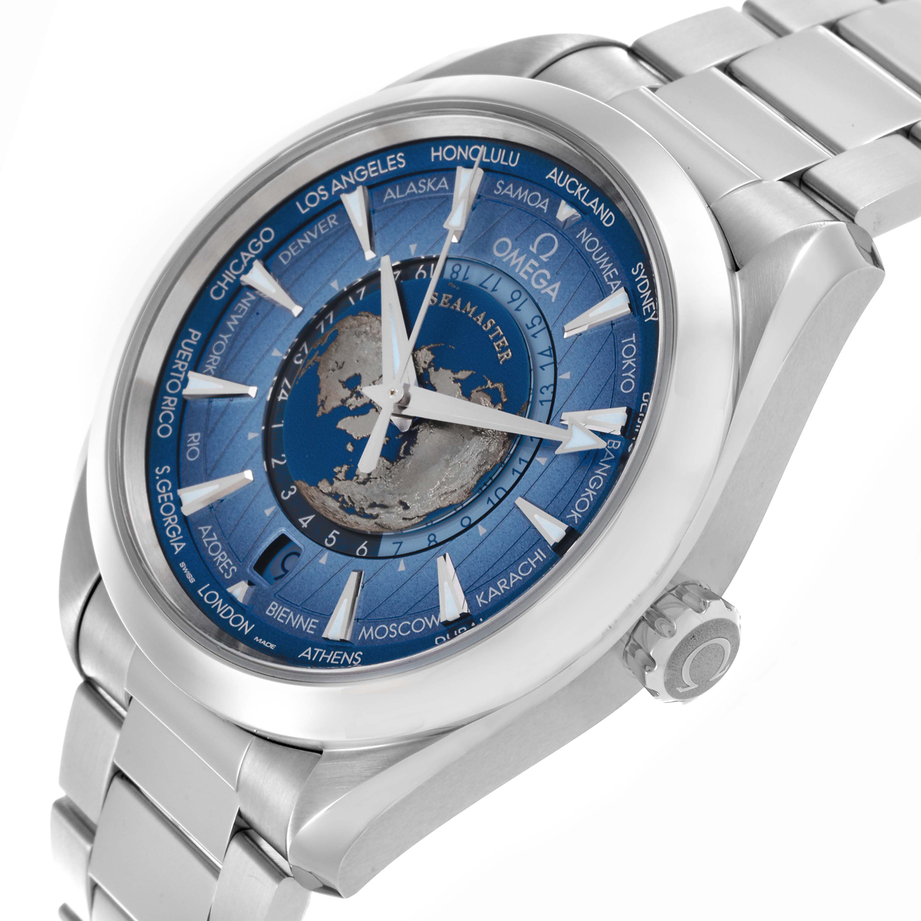 The Omega Seamaster 220.10.43.22.03.002 Men's Stainless Steel Blue Dial 220.10.43.22.03.002 Men's Stainless Steel Blue Dial watch is angled to show the face, bezel, crown, and part of the bracelet.