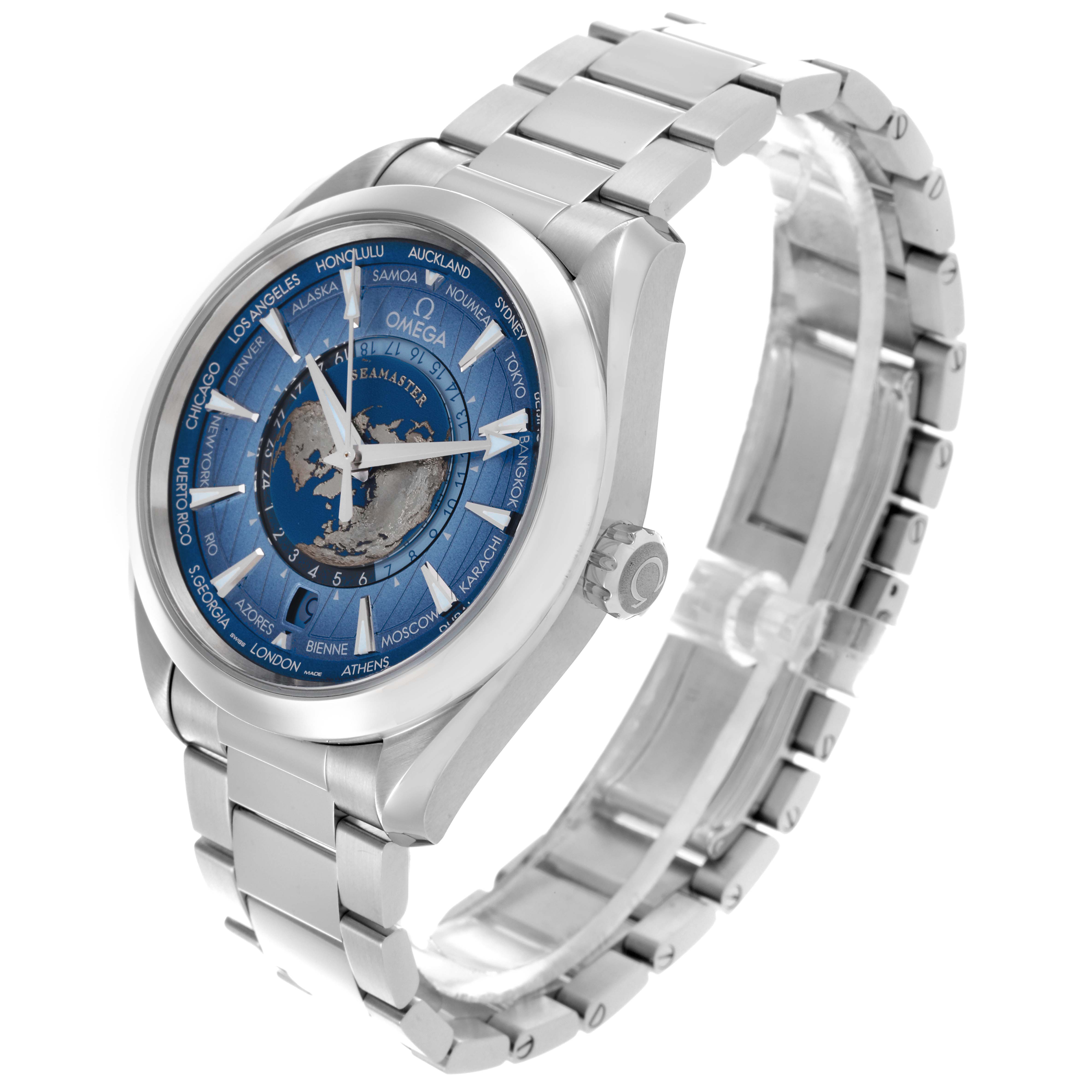 The Omega Seamaster 220.10.43.22.03.002 Men's Stainless Steel Blue Dial 220.10.43.22.03.002 Men's Stainless Steel Blue Dial watch is shown from a side angle, highlighting its face, bezel, crown, and bracelet.