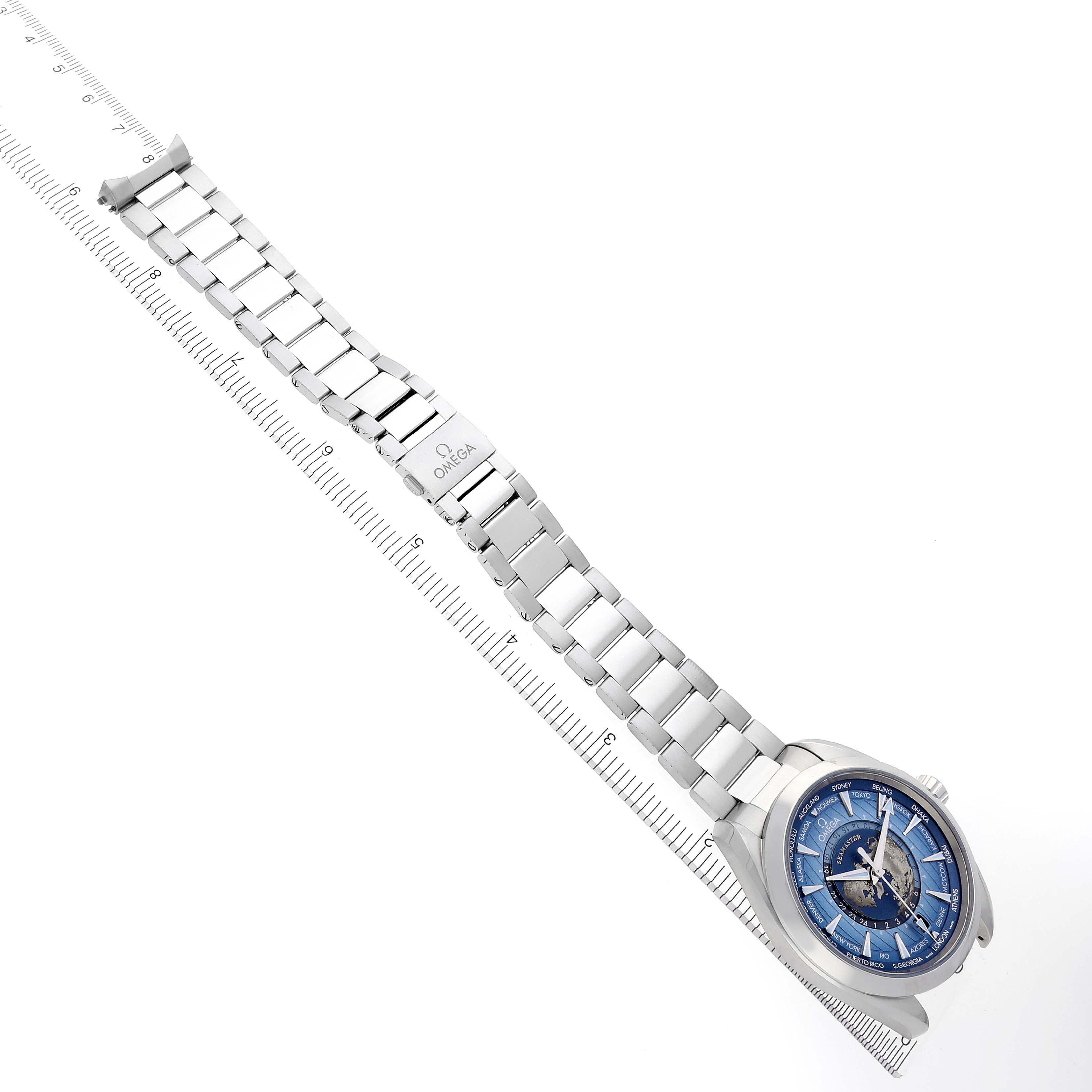 The Omega Seamaster 220.10.43.22.03.002 Men's Stainless Steel Blue Dial 220.10.43.22.03.002 Men's Stainless Steel Blue Dial watch is shown at an angled top view, displaying its blue dial and stainless steel bracelet with a clasp.