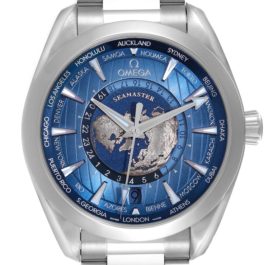 The Omega Seamaster 220.10.43.22.03.002 Men's Stainless Steel Blue Dial 220.10.43.22.03.002 Men's Stainless Steel Blue Dial watch is shown from the front, displaying the dial, bezel, and a portion of the metal bracelet.