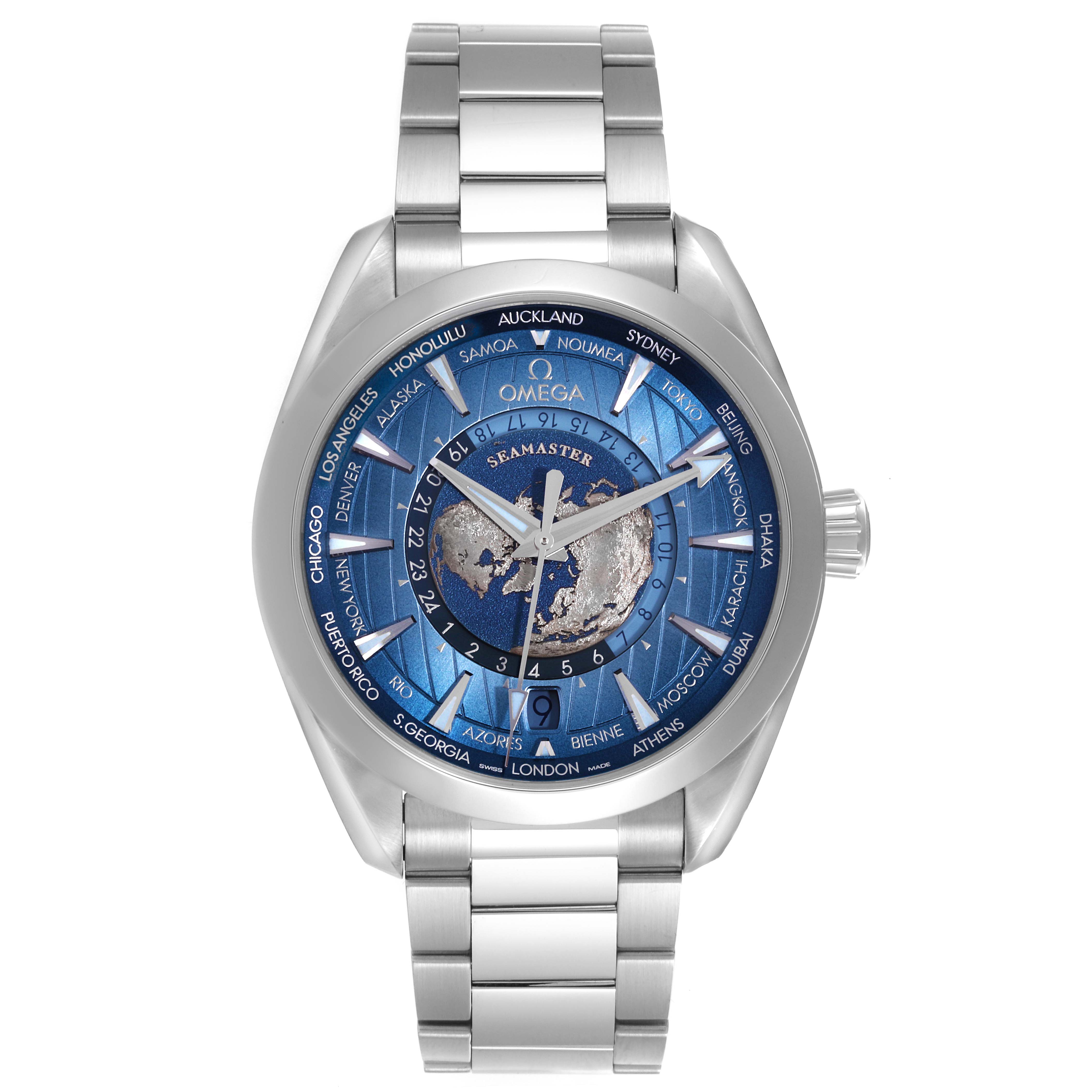 The Omega Seamaster 220.10.43.22.03.002 Men's Stainless Steel Blue Dial 220.10.43.22.03.002 Men's Stainless Steel Blue Dial watch is shown from a front angle, displaying the dial, bezel, and stainless steel bracelet.