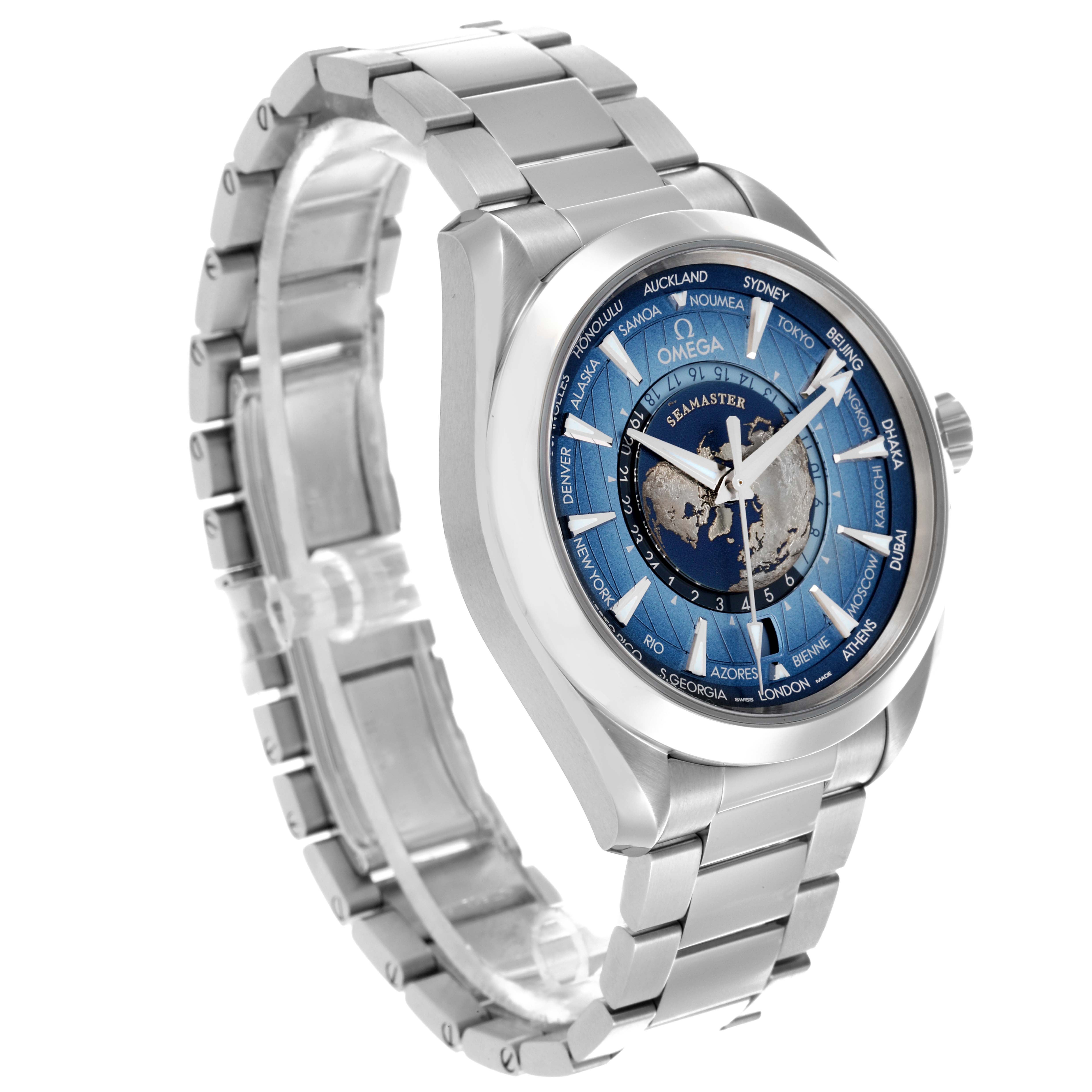 The Omega Seamaster 220.10.43.22.03.002 Men's Stainless Steel Blue Dial 220.10.43.22.03.002 Men's Stainless Steel Blue Dial watch is shown from a three-quarter angle, highlighting the blue dial and stainless steel bracelet.