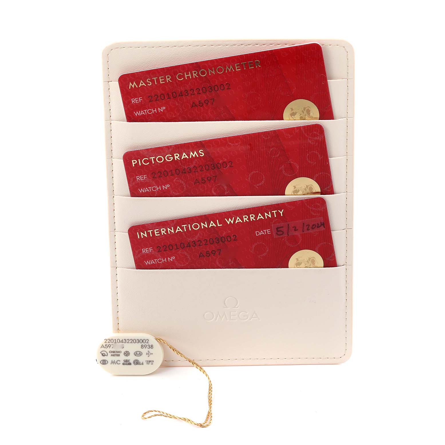 The image shows Omega Seamaster 220.10.43.22.03.002 Men's Stainless Steel Blue Dial 220.10.43.22.03.002 Men's Stainless Steel Blue Dial model cards, including a Master Chronometer, Pictograms, and International Warranty in a leather holder.