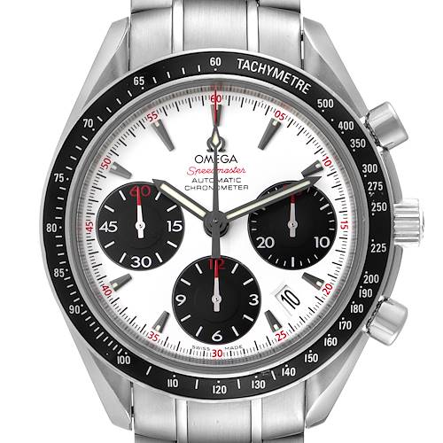 The image shows a frontal view of an Omega Speedmaster 323.30.40.40.04.001 Men's Stainless Steel White Dial 323.30.40.40.04.001 Men's Stainless Steel White Dial watch, displaying the dial, tachymeter bezel, and chronograph sub-dials.