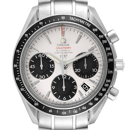 This image shows a front, close-up view of the Omega Speedmaster 323.30.40.40.02.001 Men's Stainless Steel White Dial 323.30.40.40.02.001 Men's Stainless Steel White Dial watch, highlighting its dial, sub-dials, and tachymeter bezel.