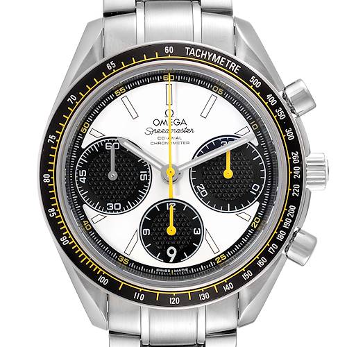 This image shows the front view of an Omega Speedmaster 326.30.40.50.04.001 Men's Stainless Steel White Dial 326.30.40.50.04.001 Men's Stainless Steel White Dial watch, highlighting its dial, tachymeter bezel, and chronograph subdials.