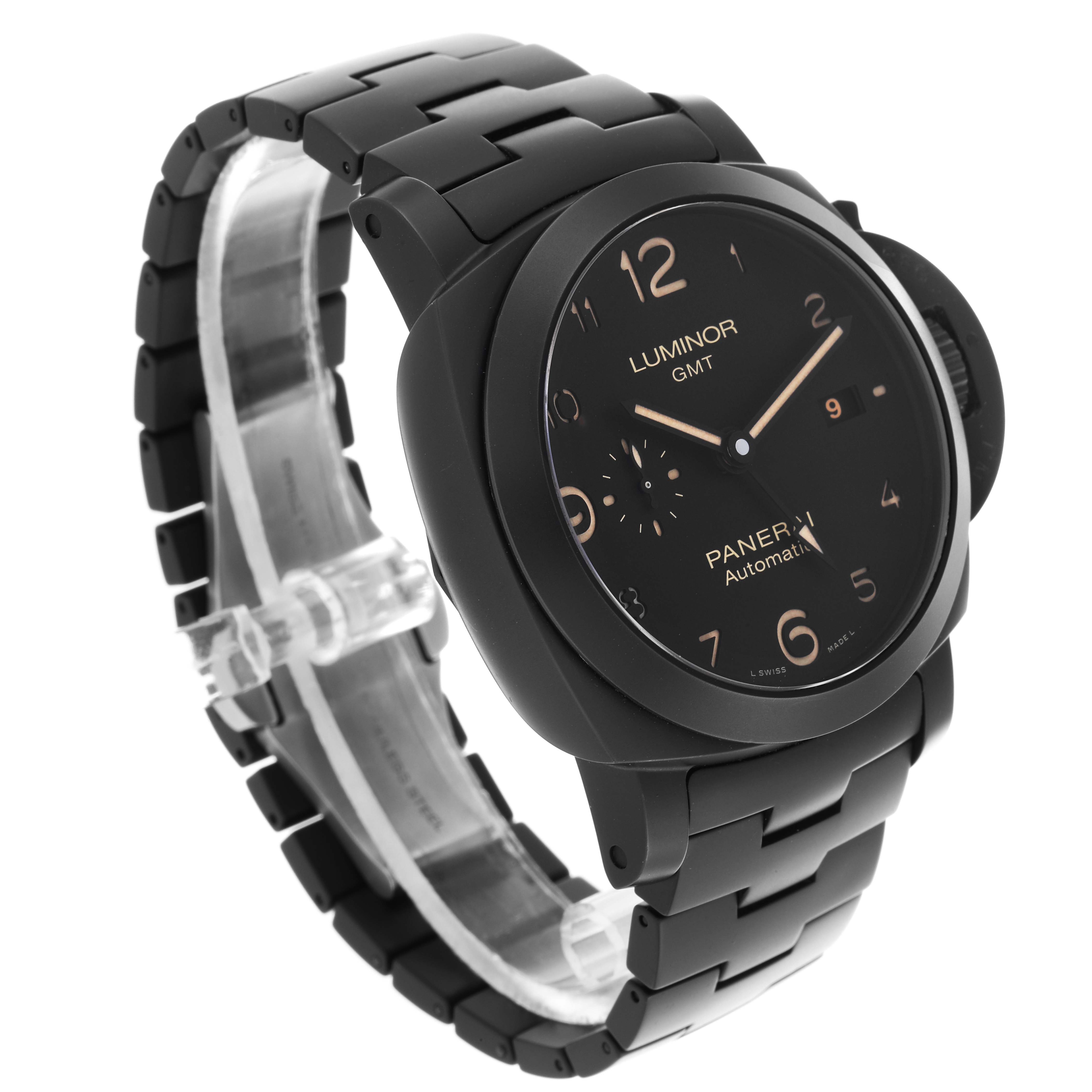 The Panerai Luminor PAM01438 Men's Ceramic Black Dial PAM01438 Men's Ceramic Black Dial watch is shown at an angled side view highlighting the face, bezel, and black metal bracelet.