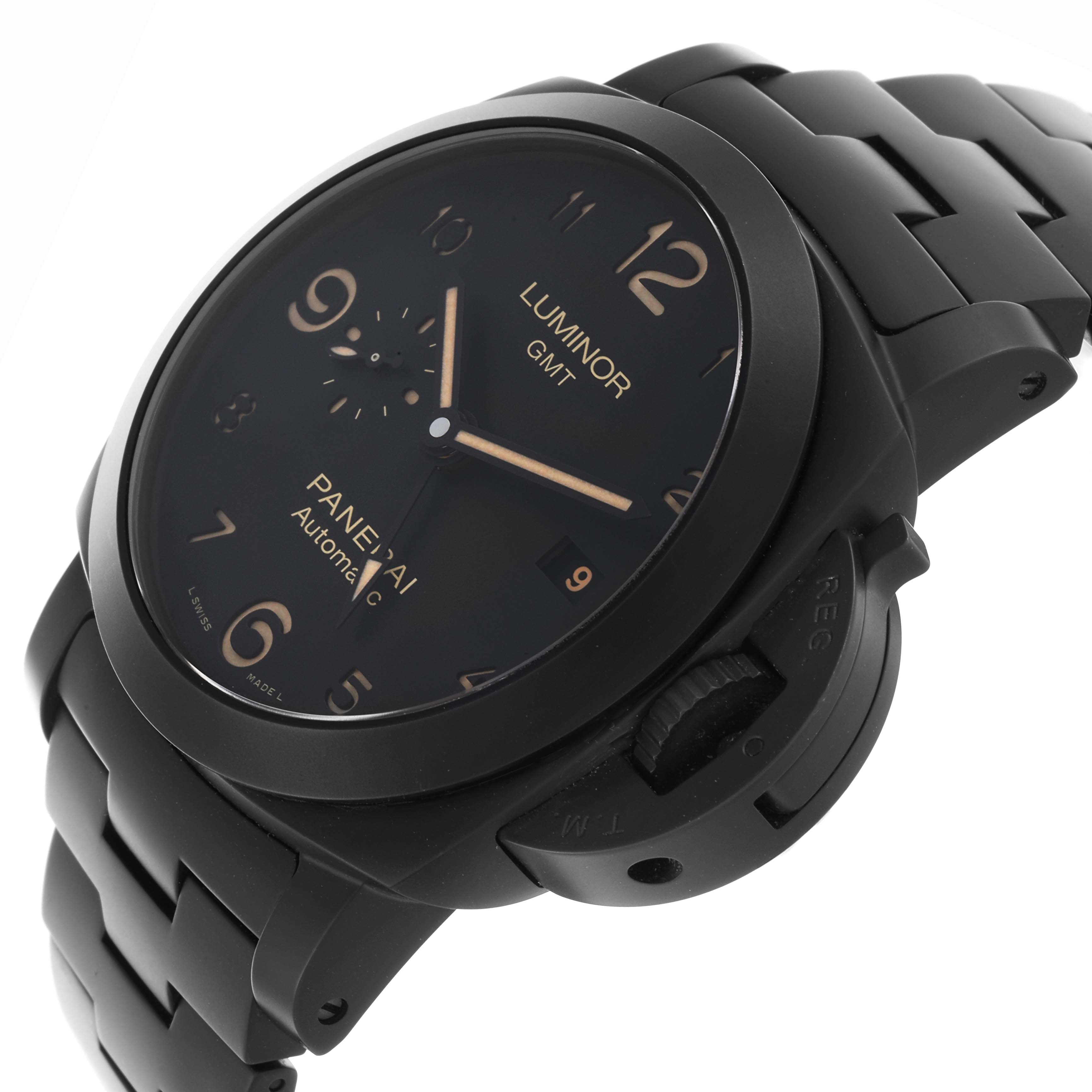 The Panerai Luminor PAM01438 Men's Ceramic Black Dial PAM01438 Men's Ceramic Black Dial watch is shown at an angle highlighting the face, crown guard, and bracelet.