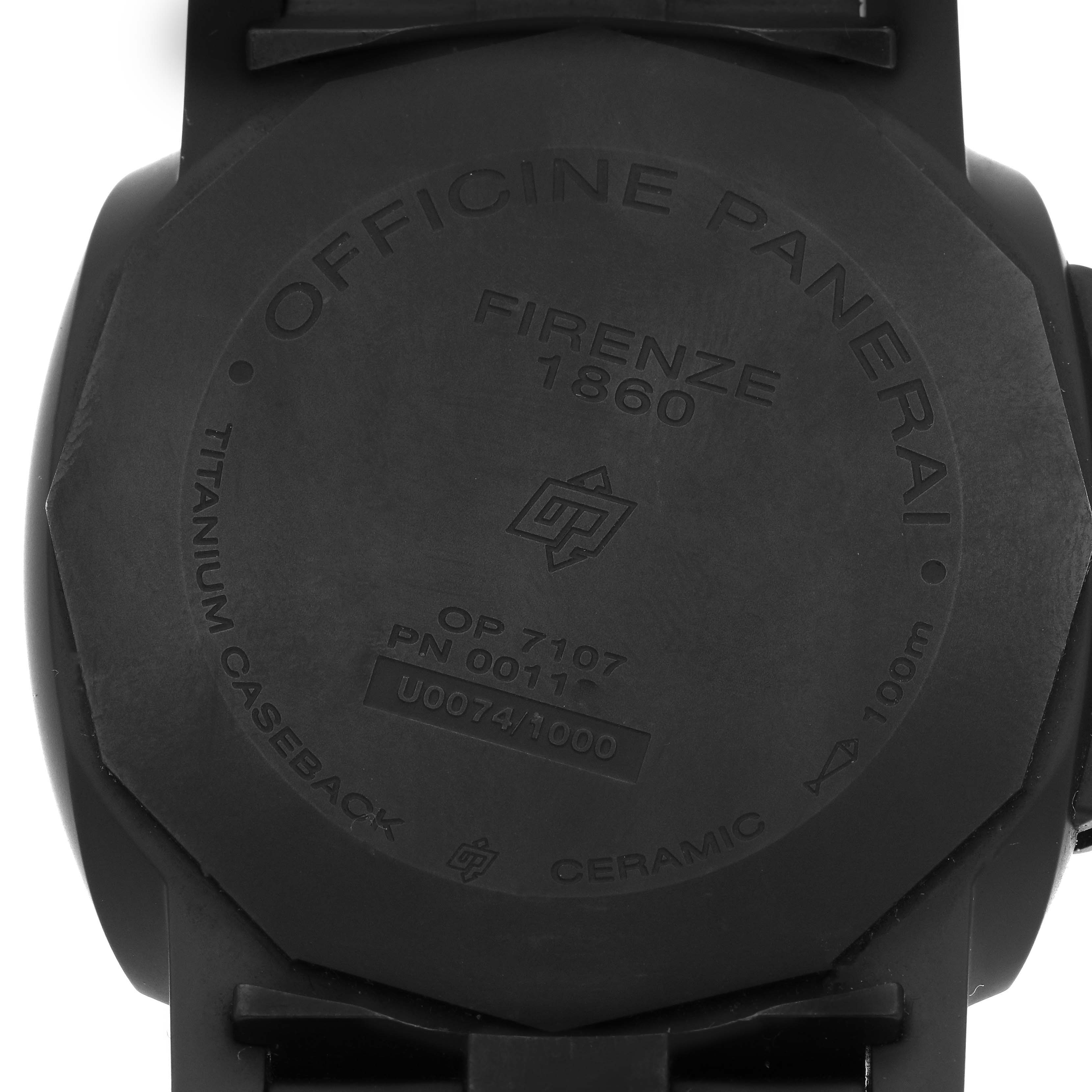 The image shows the back case of a Panerai Luminor PAM01438 Men's Ceramic Black Dial PAM01438 Men's Ceramic Black Dial watch, highlighting its titanium caseback and engravings.