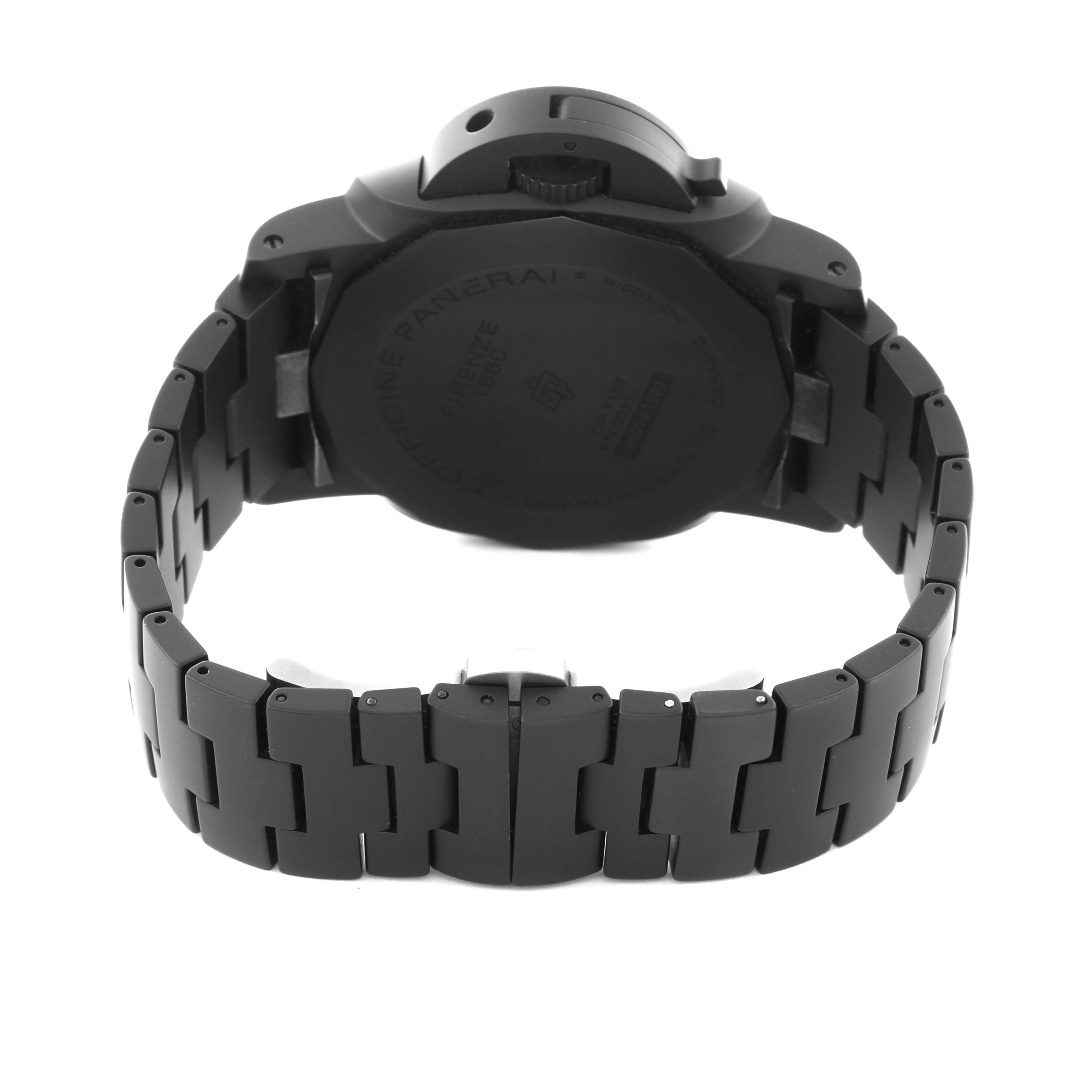 The image shows the back and bracelet of a Panerai Luminor PAM01438 Men's Ceramic Black Dial PAM01438 Men's Ceramic Black Dial watch from a rear angle.