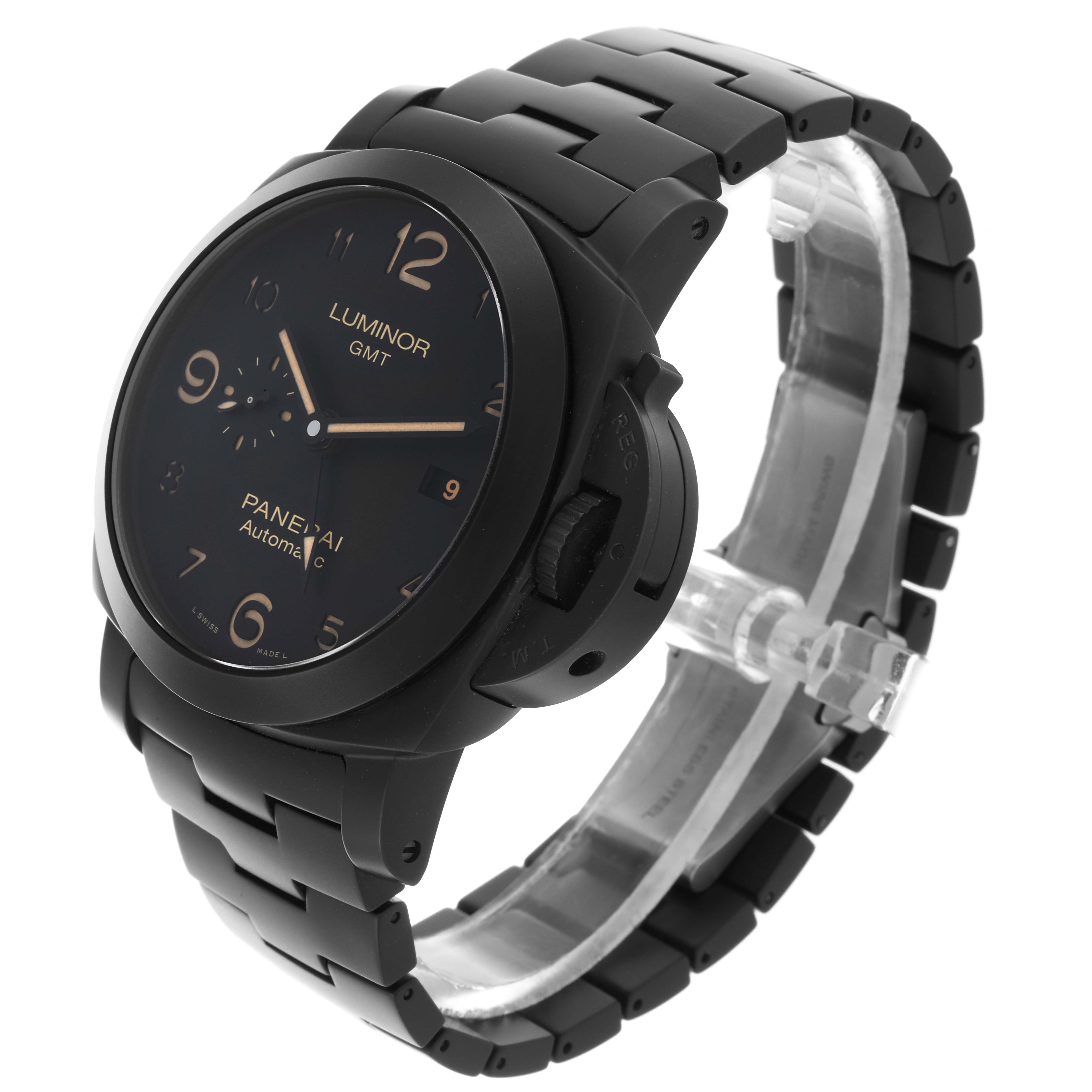 The Panerai Luminor PAM01438 Men's Ceramic Black Dial PAM01438 Men's Ceramic Black Dial model is shown at a slight side angle, displaying the face, bezel, crown guard, and bracelet.