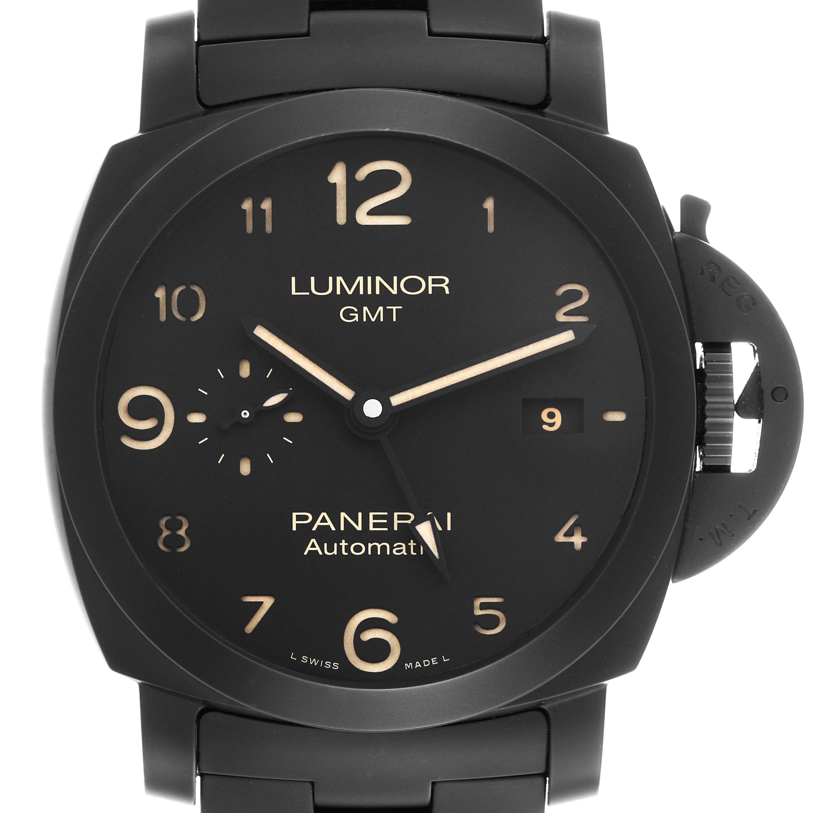 The Panerai Luminor PAM01438 Men's Ceramic Black Dial PAM01438 Men's Ceramic Black Dial watch is shown from the front, displaying the face, bezel, and crown guard.