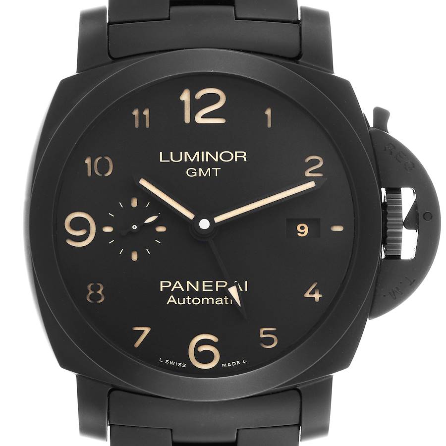 The Panerai Luminor PAM01438 Men's Ceramic Black Dial PAM01438 Men's Ceramic Black Dial watch is shown from the front, displaying the face, bezel, and crown guard.