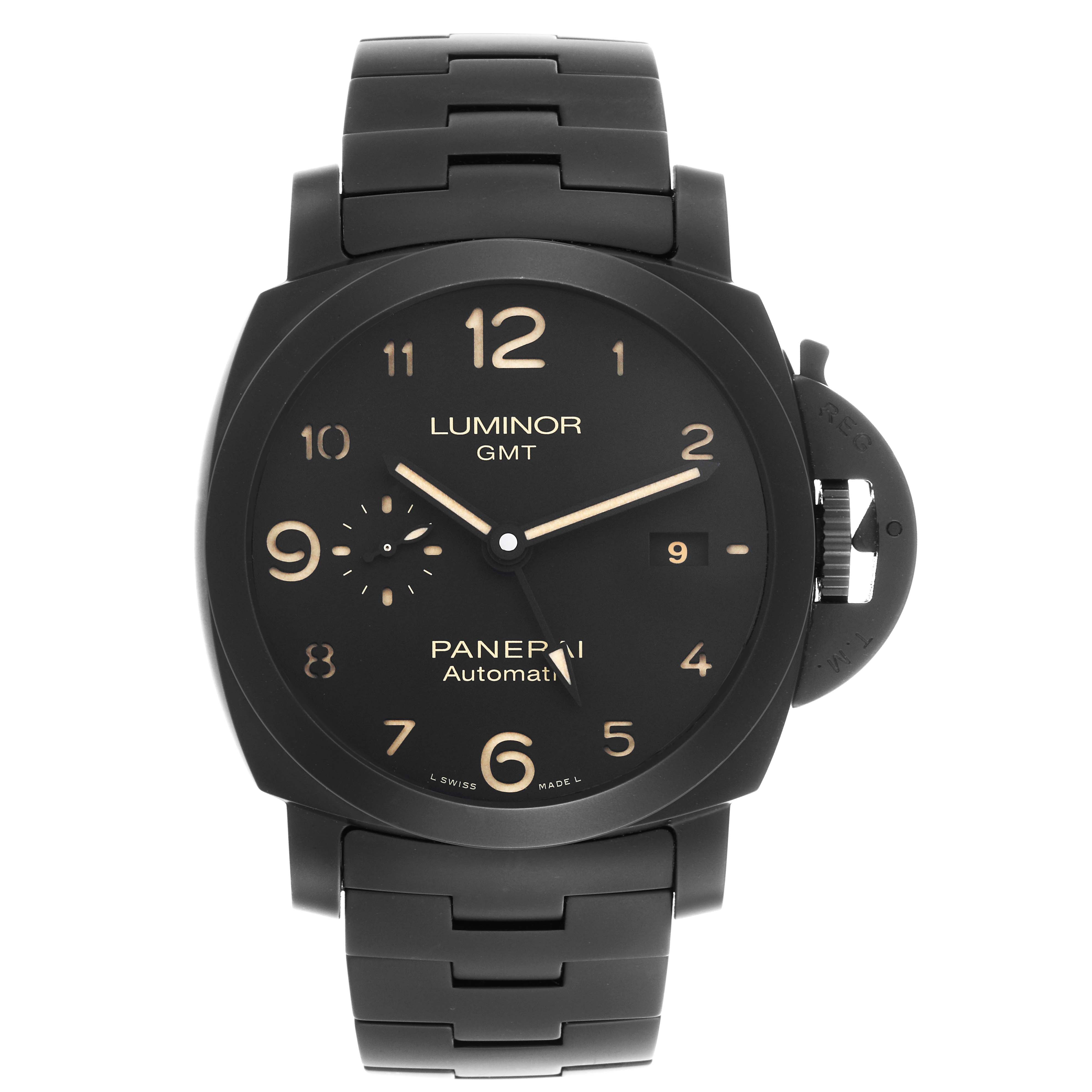 The Panerai Luminor PAM01438 Men's Ceramic Black Dial PAM01438 Men's Ceramic Black Dial watch is shown from the front, displaying the dial, numerals, and bracelet.
