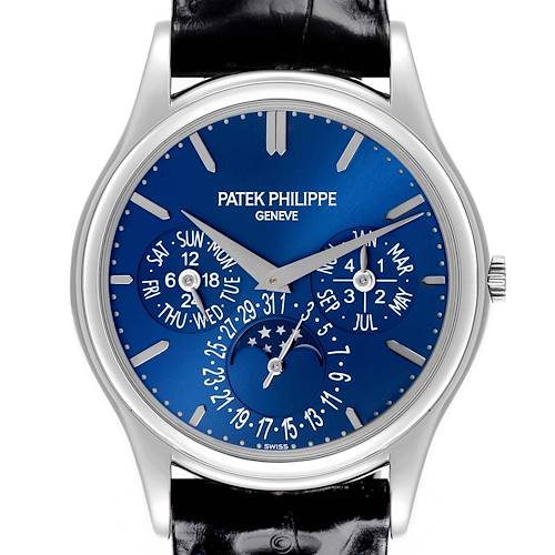 The image shows a front view of the Patek Philippe Complications 5140P-001 Men's Platinum Blue Dial 5140P-001 Men's Platinum Blue Dial watch, highlighting its blue dial and subdials.