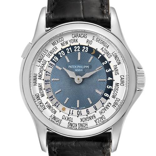 The image shows a front view of a Patek Philippe Complications 5110P Men's Platinum Silver Dial 5110P Men's Platinum Silver Dial model watch, highlighting the dial, bezel, and strap.