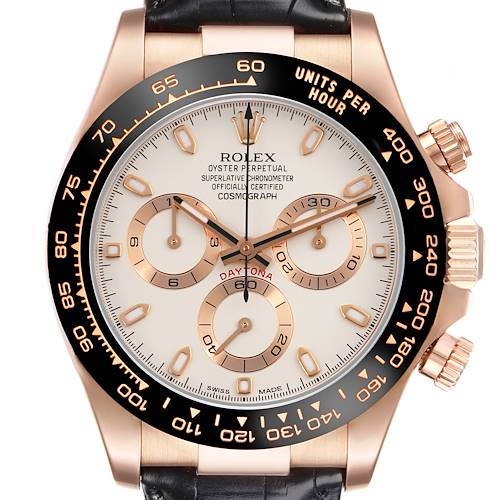 The Rolex Daytona 116515LN Men's Rose Gold White Dial 116515LN Men's Rose Gold White Dial watch is shown from the front, highlighting the dial, subdials, bezel, and crown.